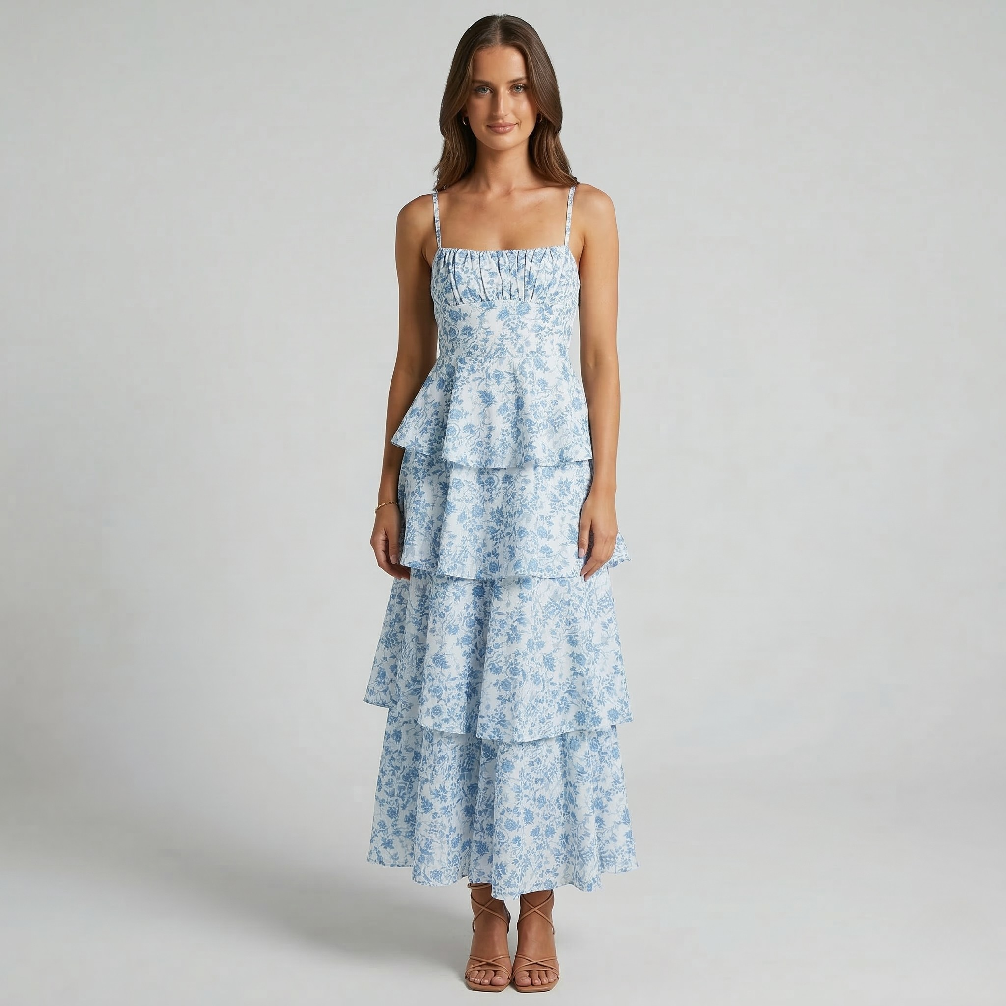 Vestido Maxi Floral Dame com Alças Vestido de Verão com Saia em Camadas e Folhos