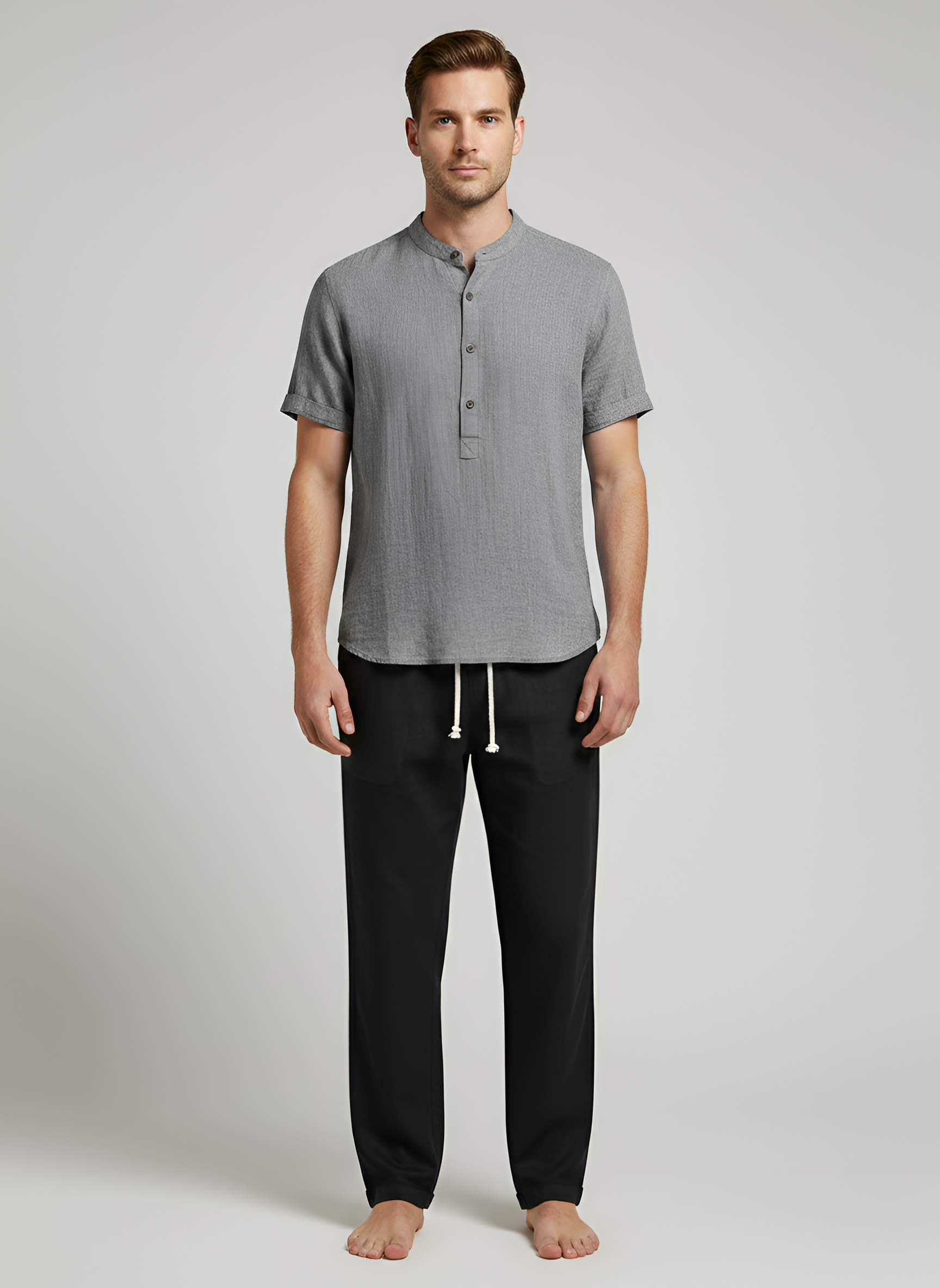 Camisa de lino para hombre con cuello mandarín y mangas cortas en calidad transpirable