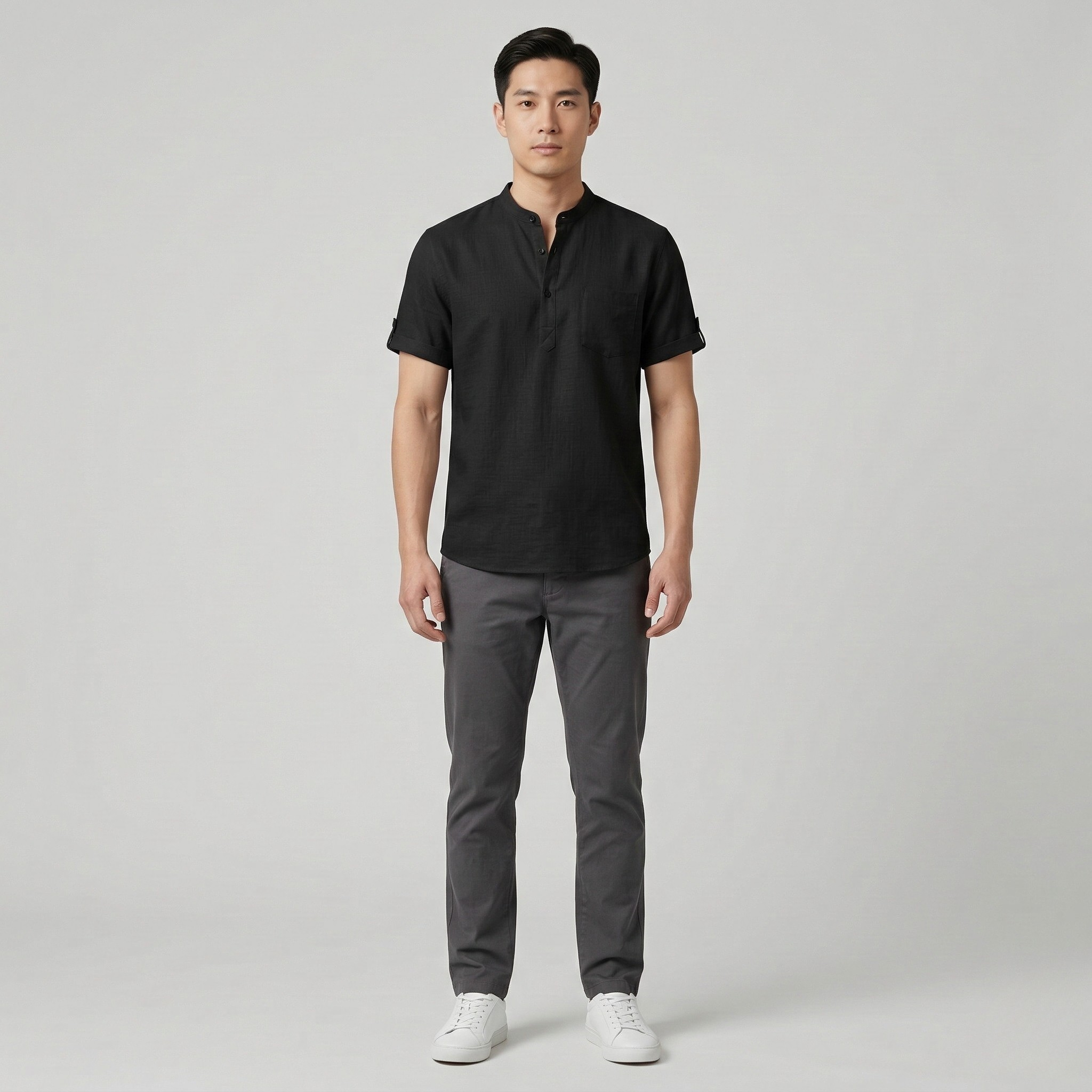 Camicia Henley da Uomo in Cotone e Lino Manica Corta Traspirante Casual con Tasca Top da Spiaggia