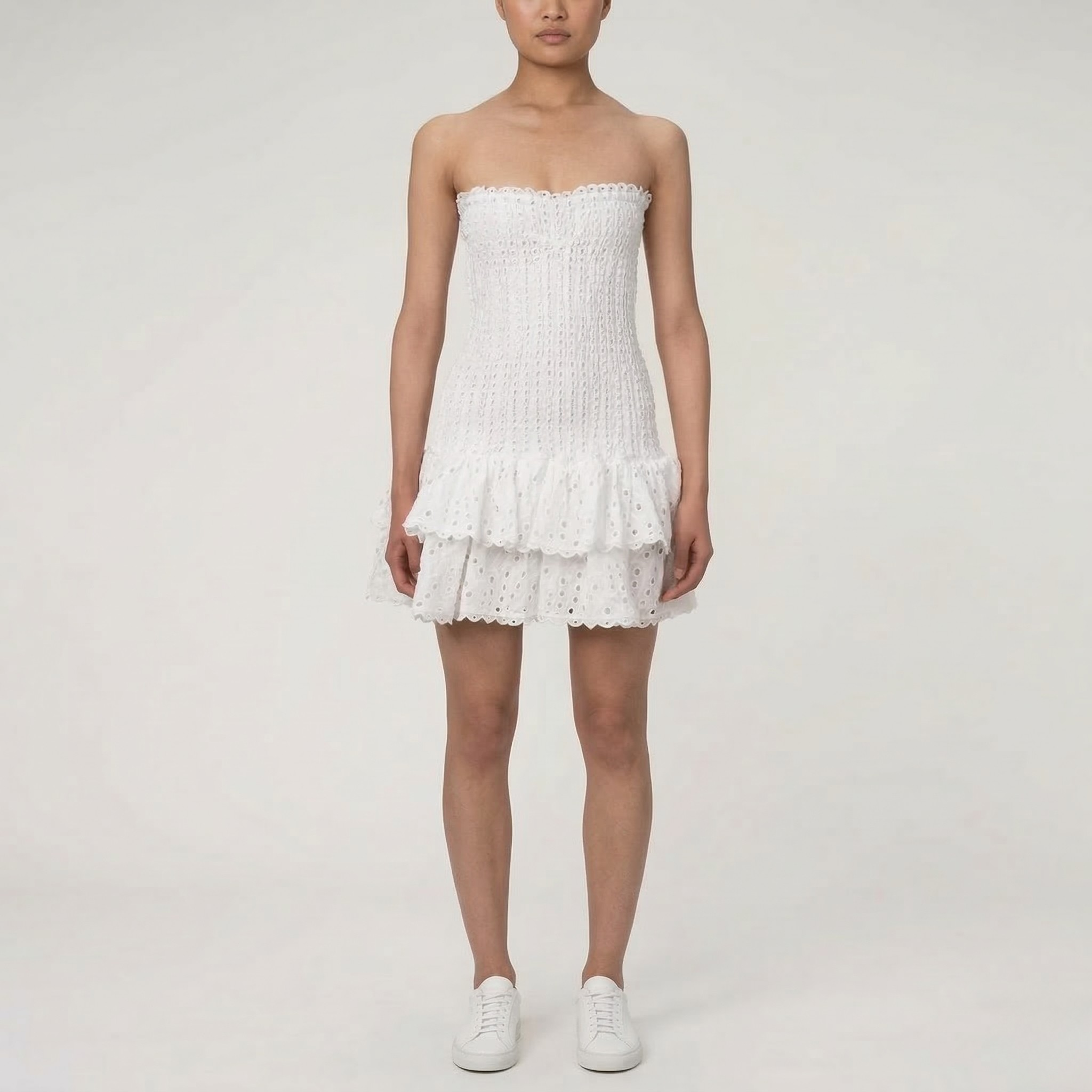 Vestito mini senza spalline da donna con smock e volant, elegante abito estivo