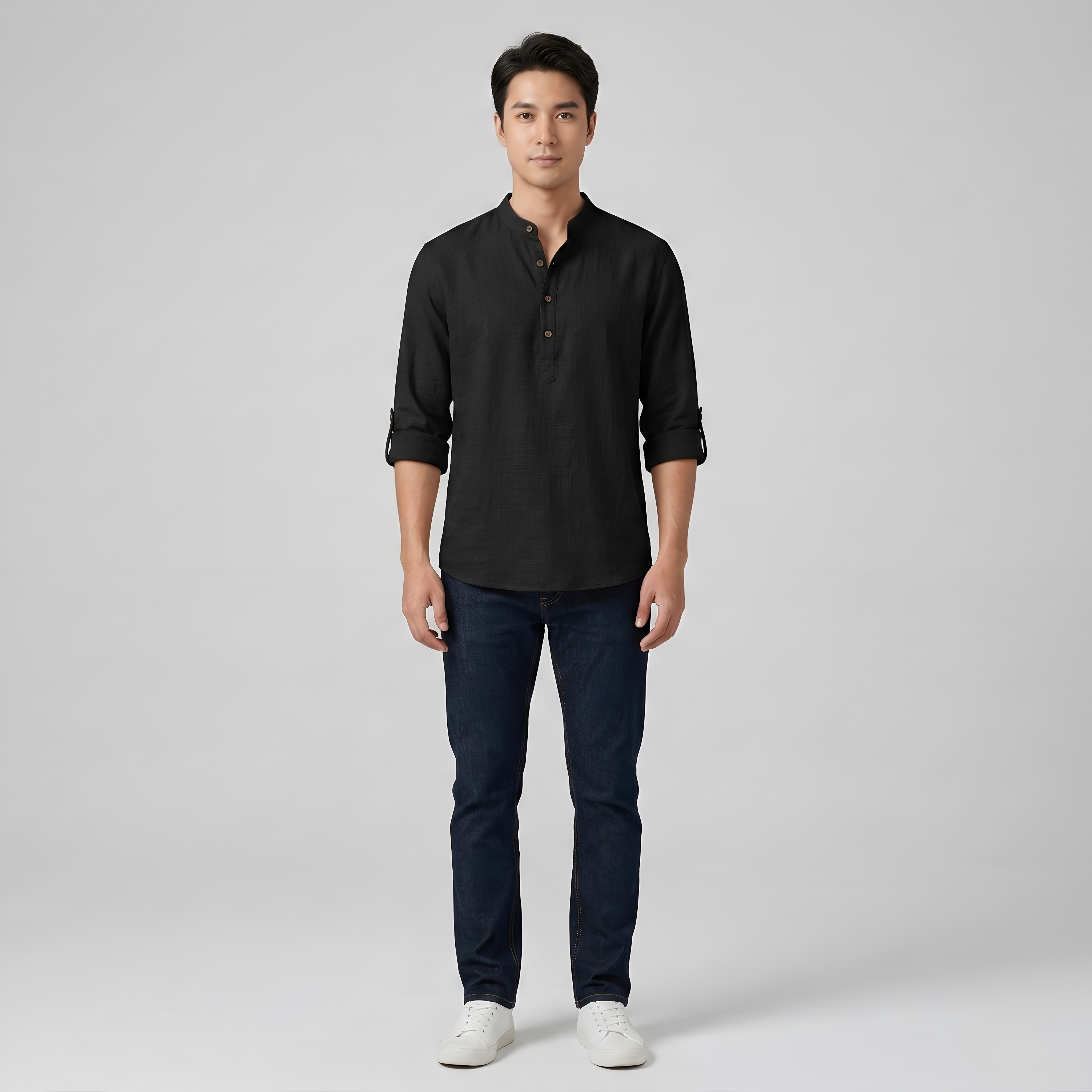 Koszula męska bawełniana z kołnierzem typu stójka i długimi rękawami, koszula casual