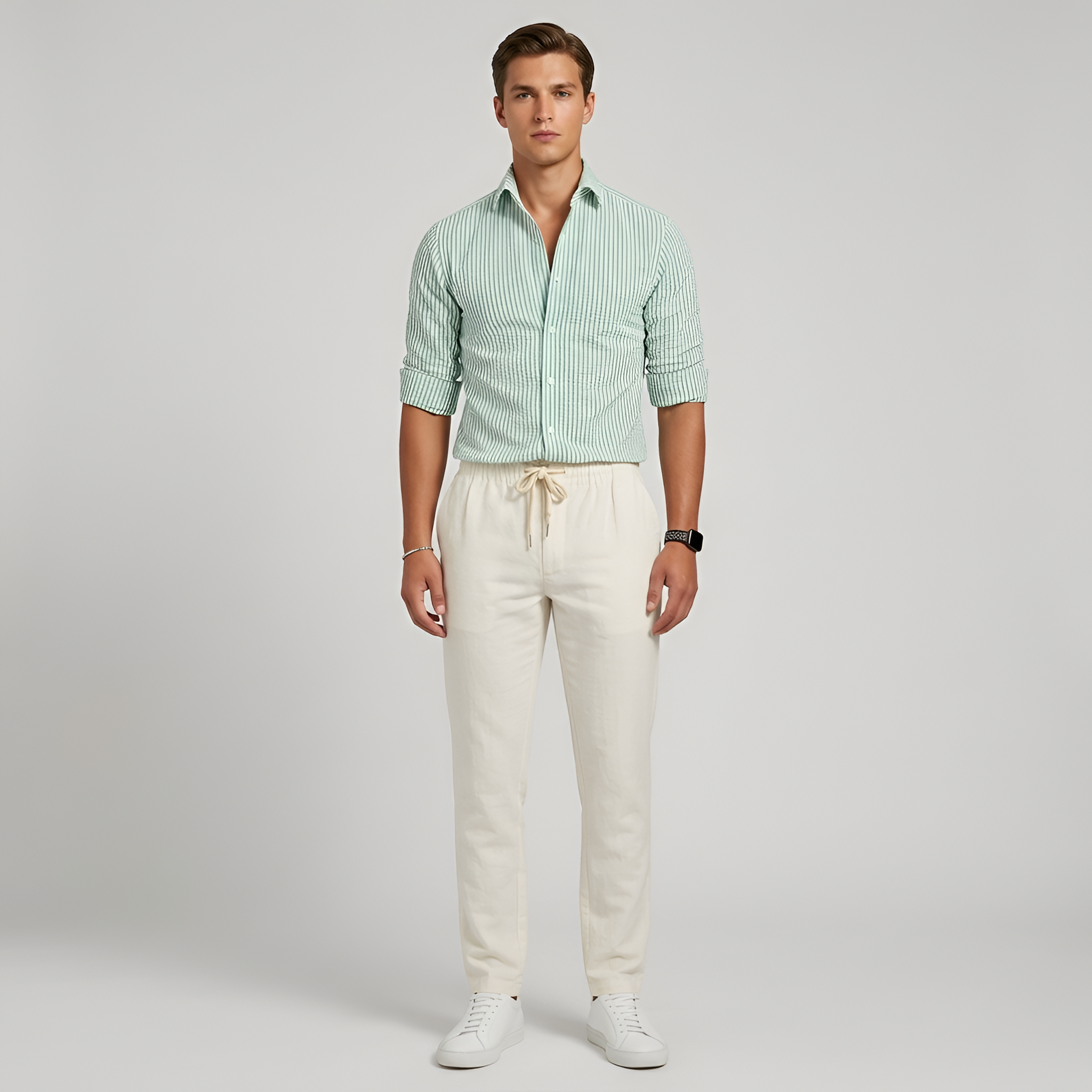 Herre langærmet stribet skjorte i bomuld med krave og knaplukning