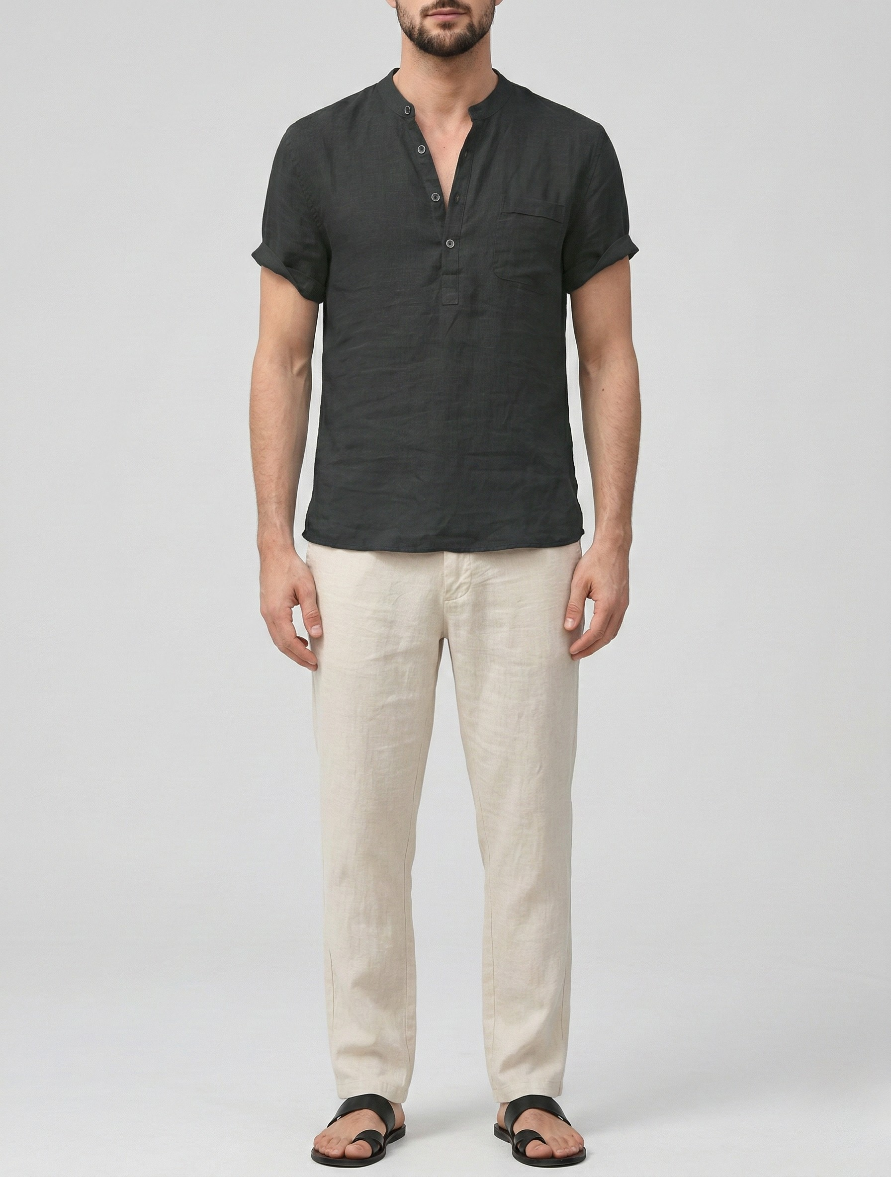 Koszula męska z krótkim rękawem z bawełny i lnu z zapięciem na guziki, krój casual