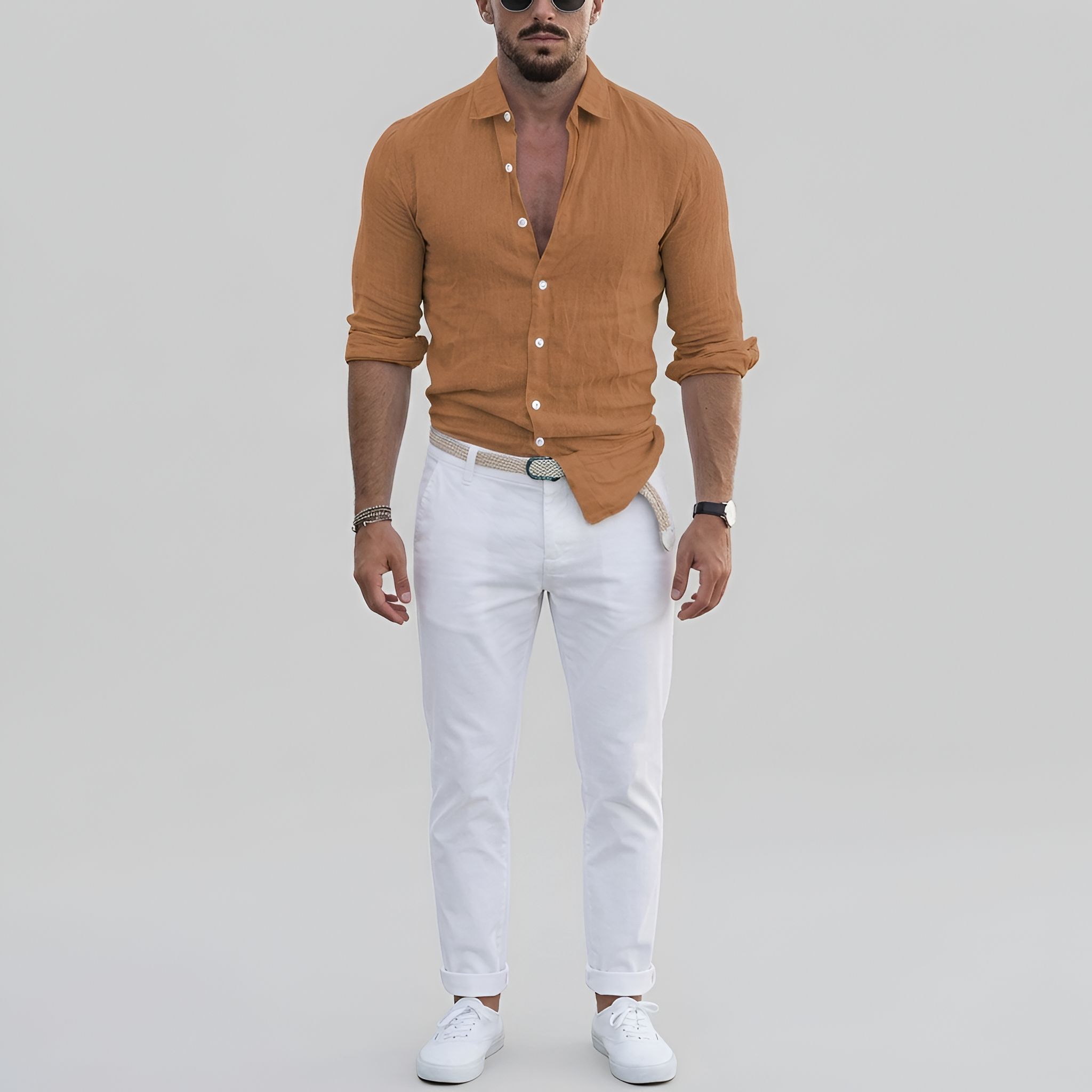 Camicia da uomo a maniche lunghe in lino con colletto e chiusura a bottoni