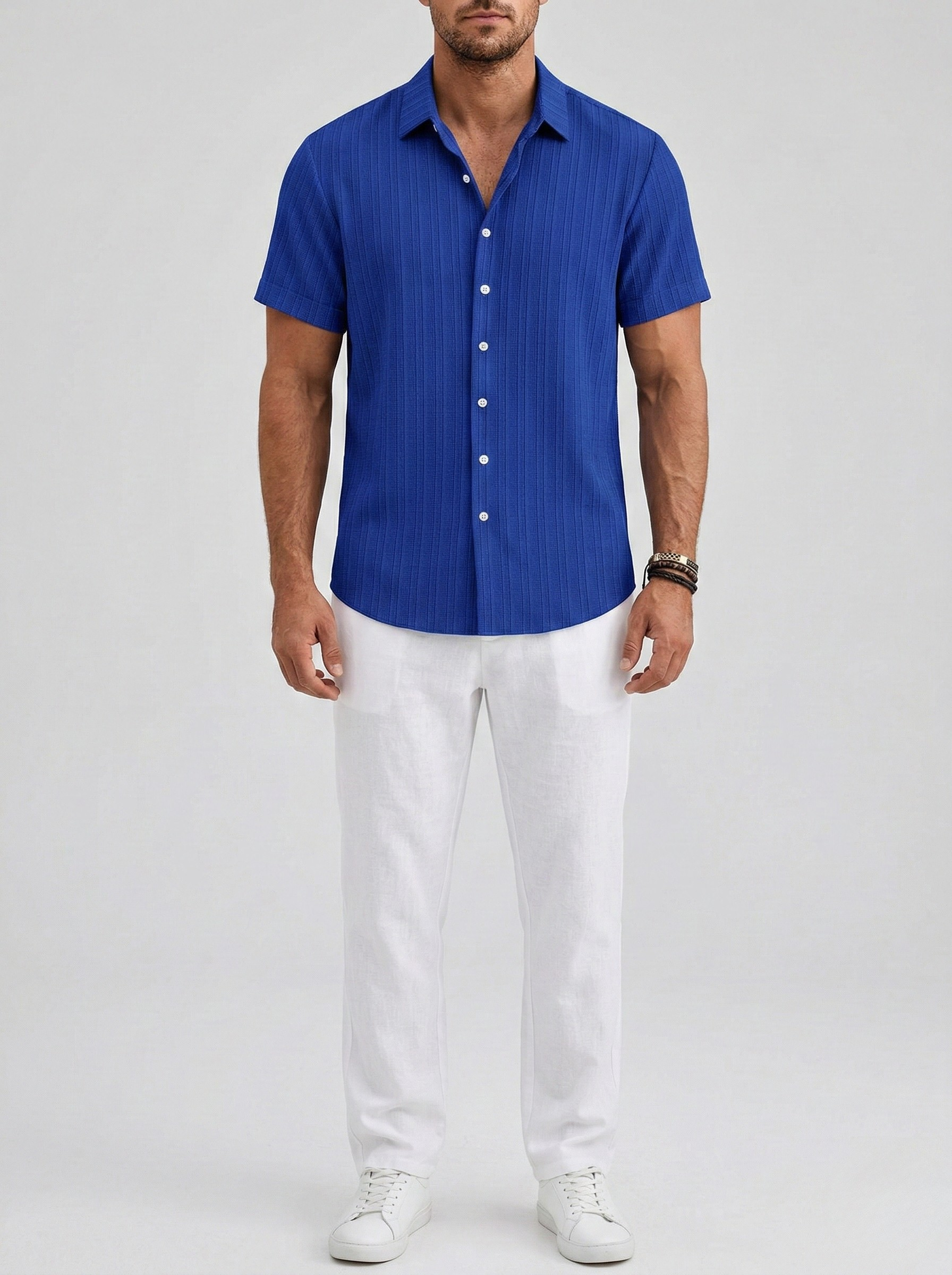 Herre kortærmet skjorte i hørblanding – Sommer skjorte med knapper