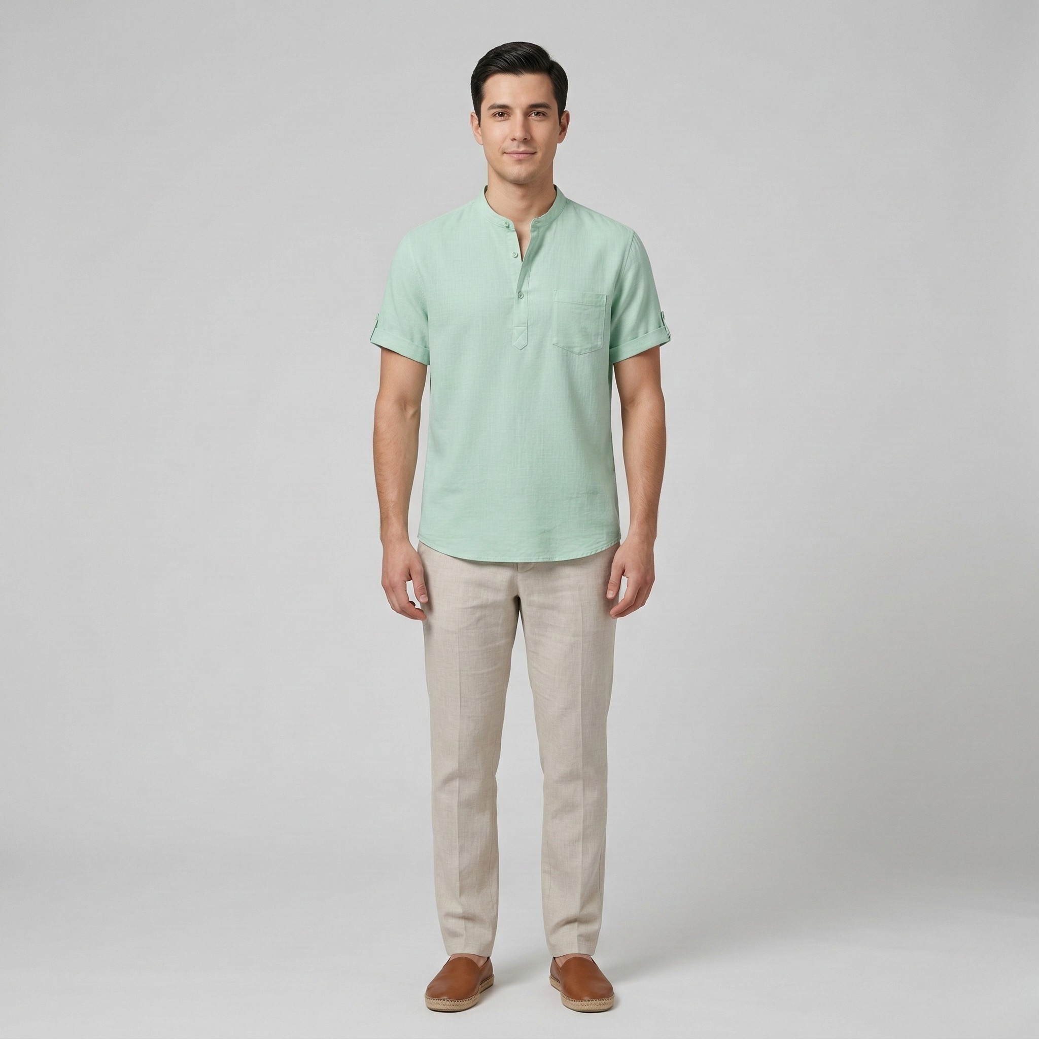 Camisola Henley de Algodão e Linho para Homem, Manga Curta, Respirável, Casual, com Bolso, Top de Praia