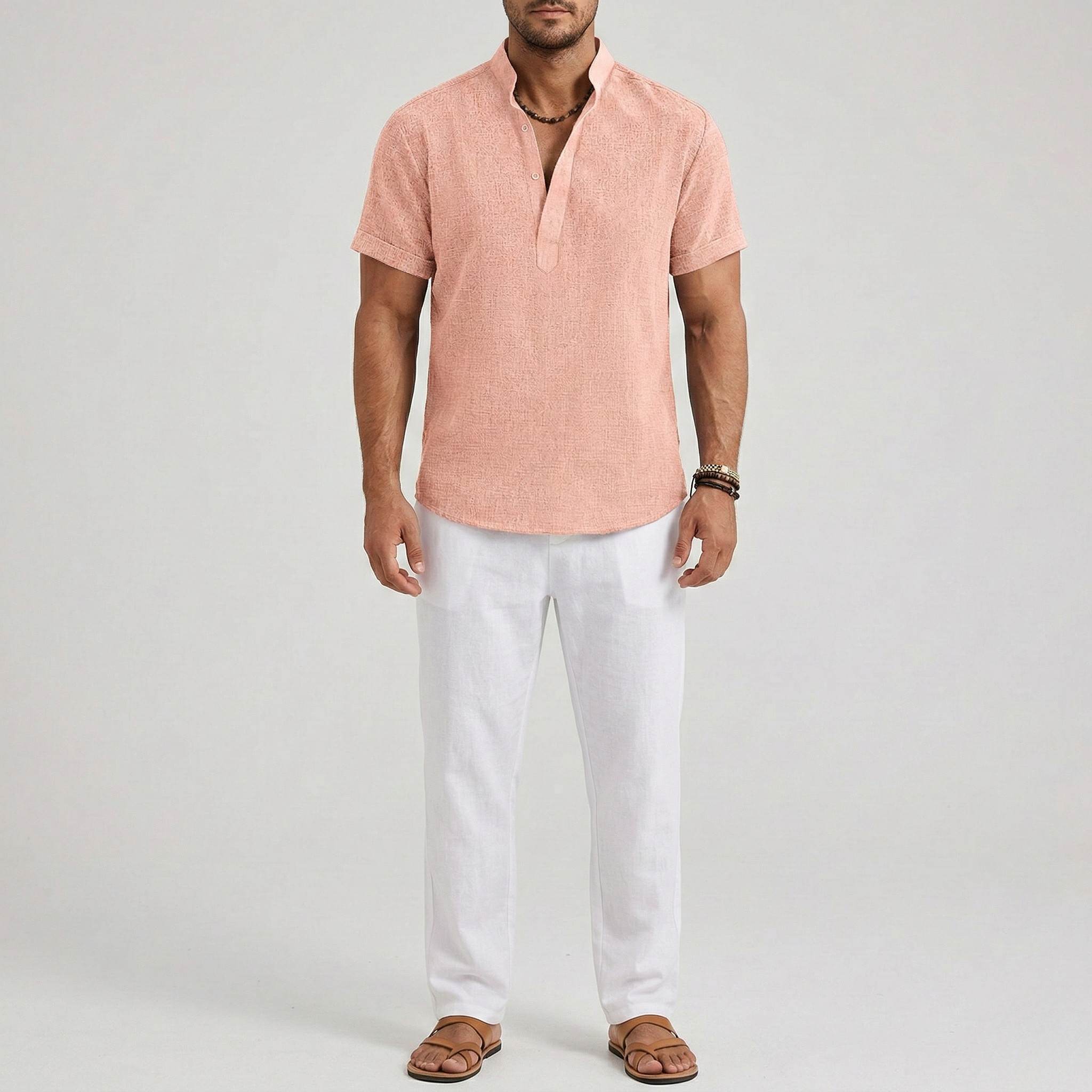 Herre hør skjorte med korte ærmer – Sommer skjorte med V-hals og knapper