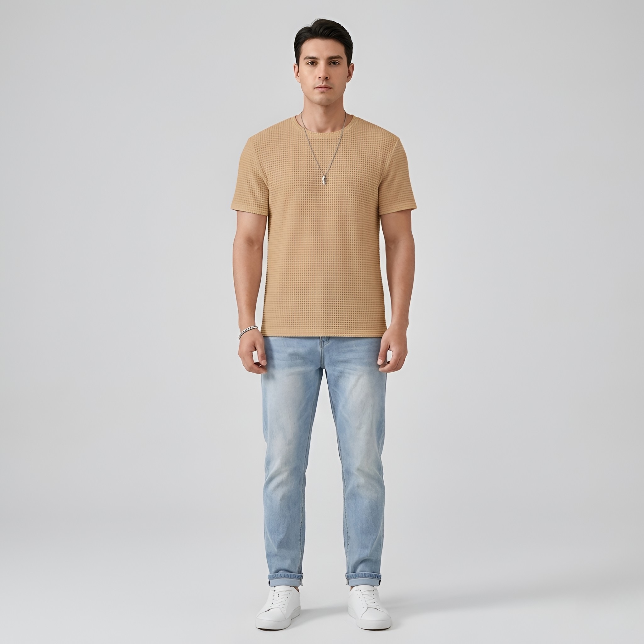 Męski T-shirt z bawełny, krótki rękaw, strukturalny, z okrągłym dekoltem, luźny krój