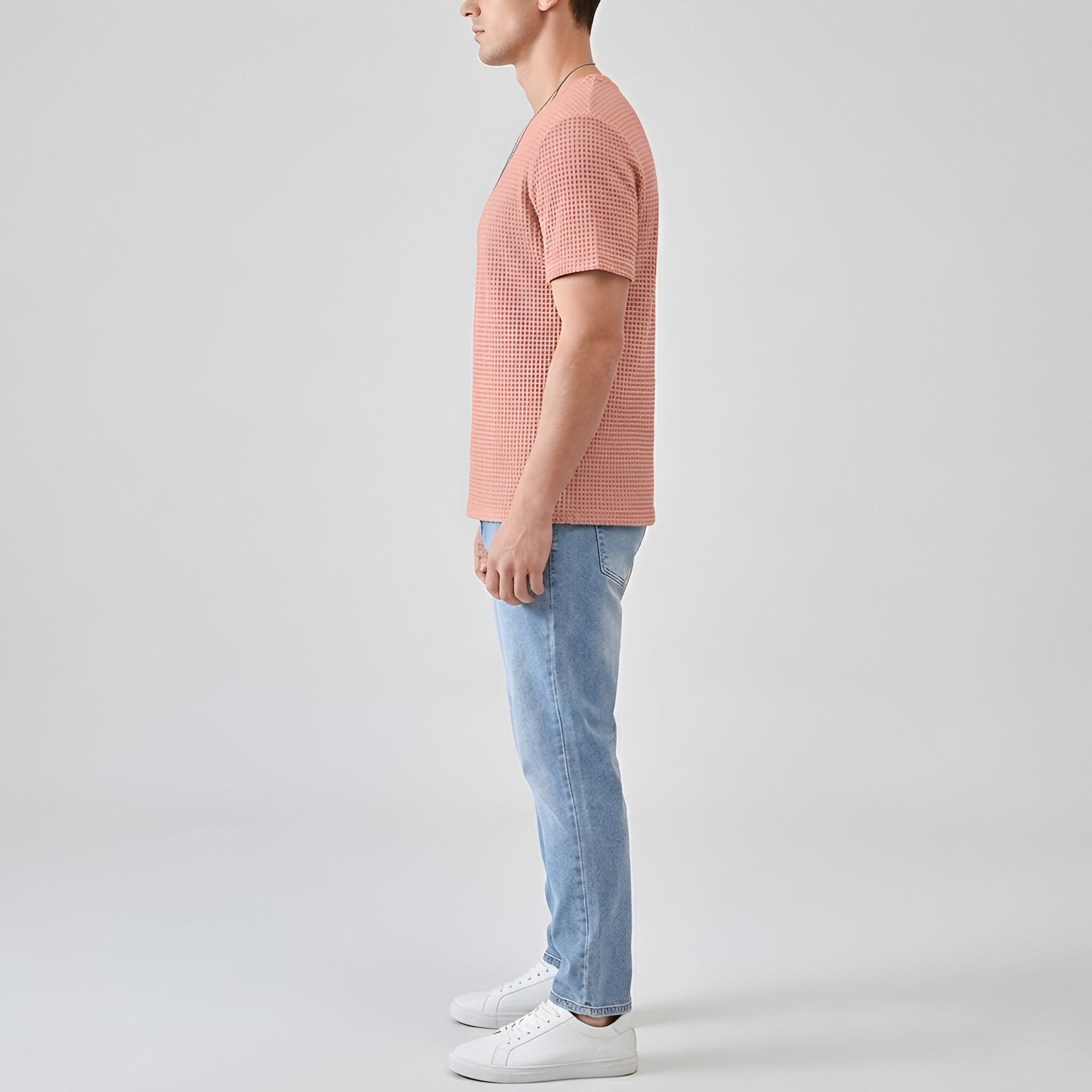 Męski T-shirt z bawełny, krótki rękaw, strukturalny, z okrągłym dekoltem, luźny krój