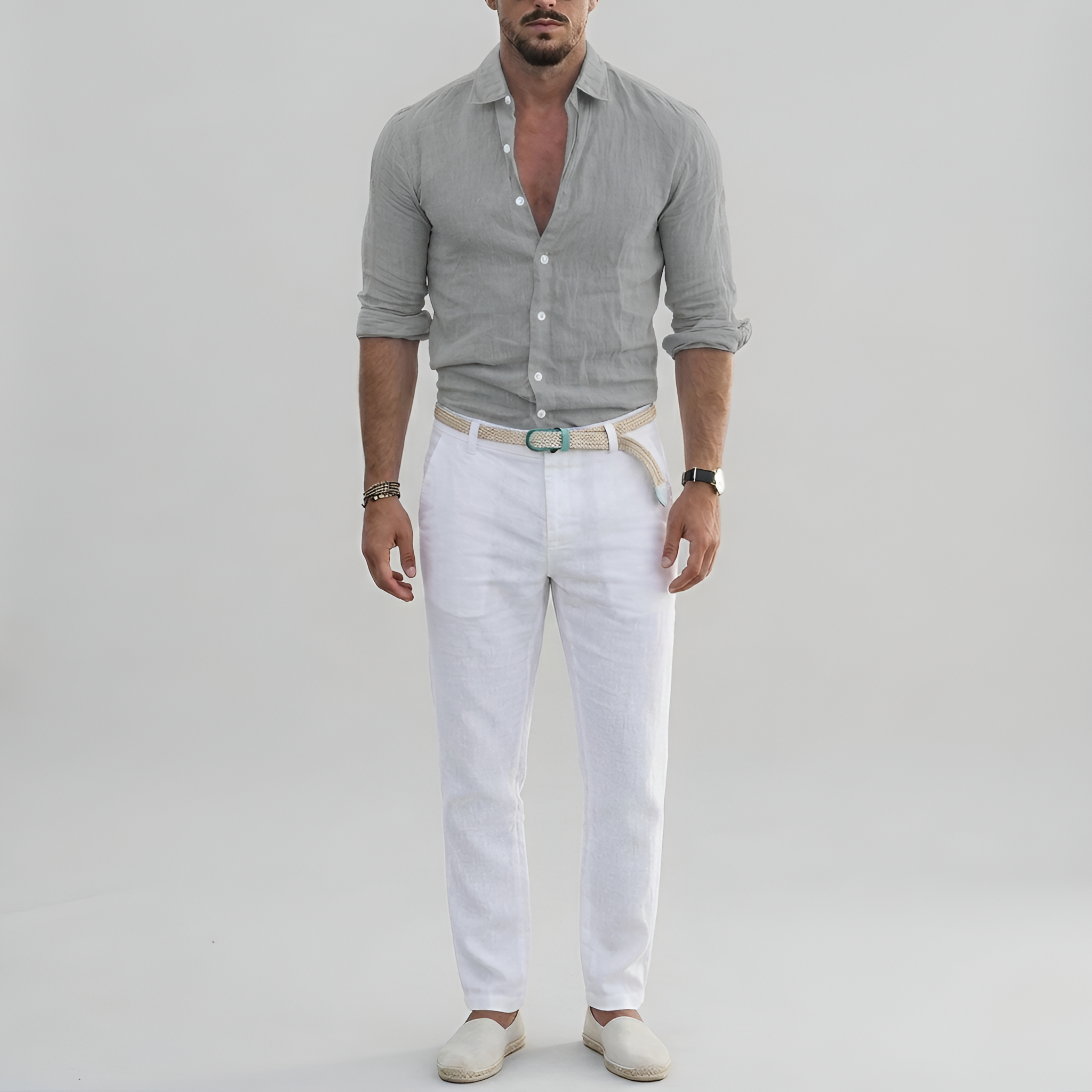 Camicia da uomo a maniche lunghe in lino con colletto e chiusura a bottoni