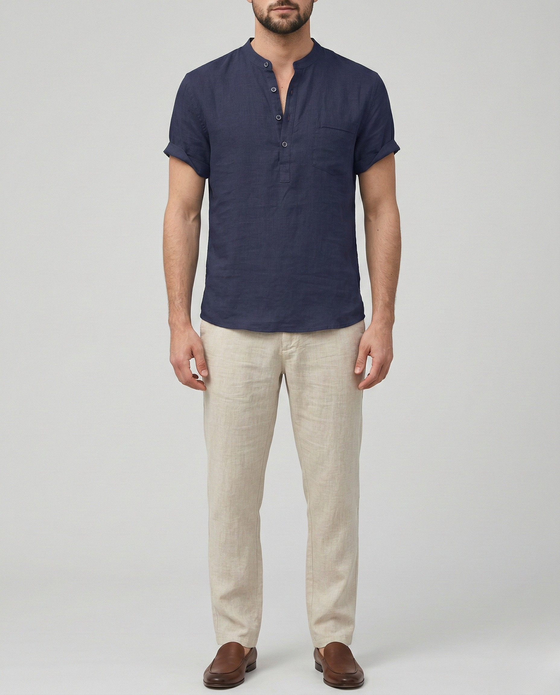 Koszula męska z krótkim rękawem z bawełny i lnu z zapięciem na guziki, krój casual