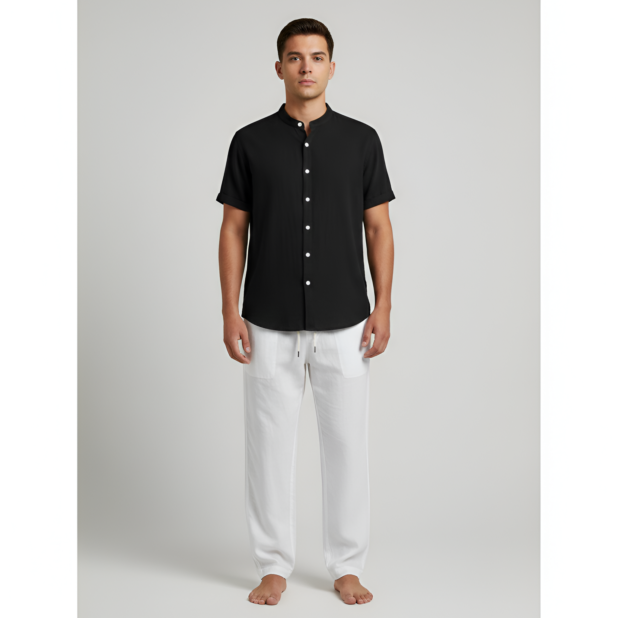 Camisa de hombre de manga corta con cuello mandarín – camisa ligera de verano con botones