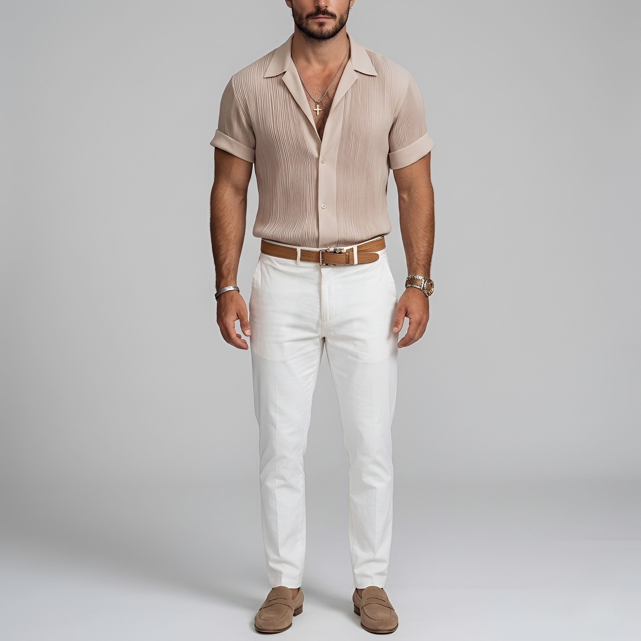 Camisa de hombre de verano casual de manga corta con estructura y cierre de botones