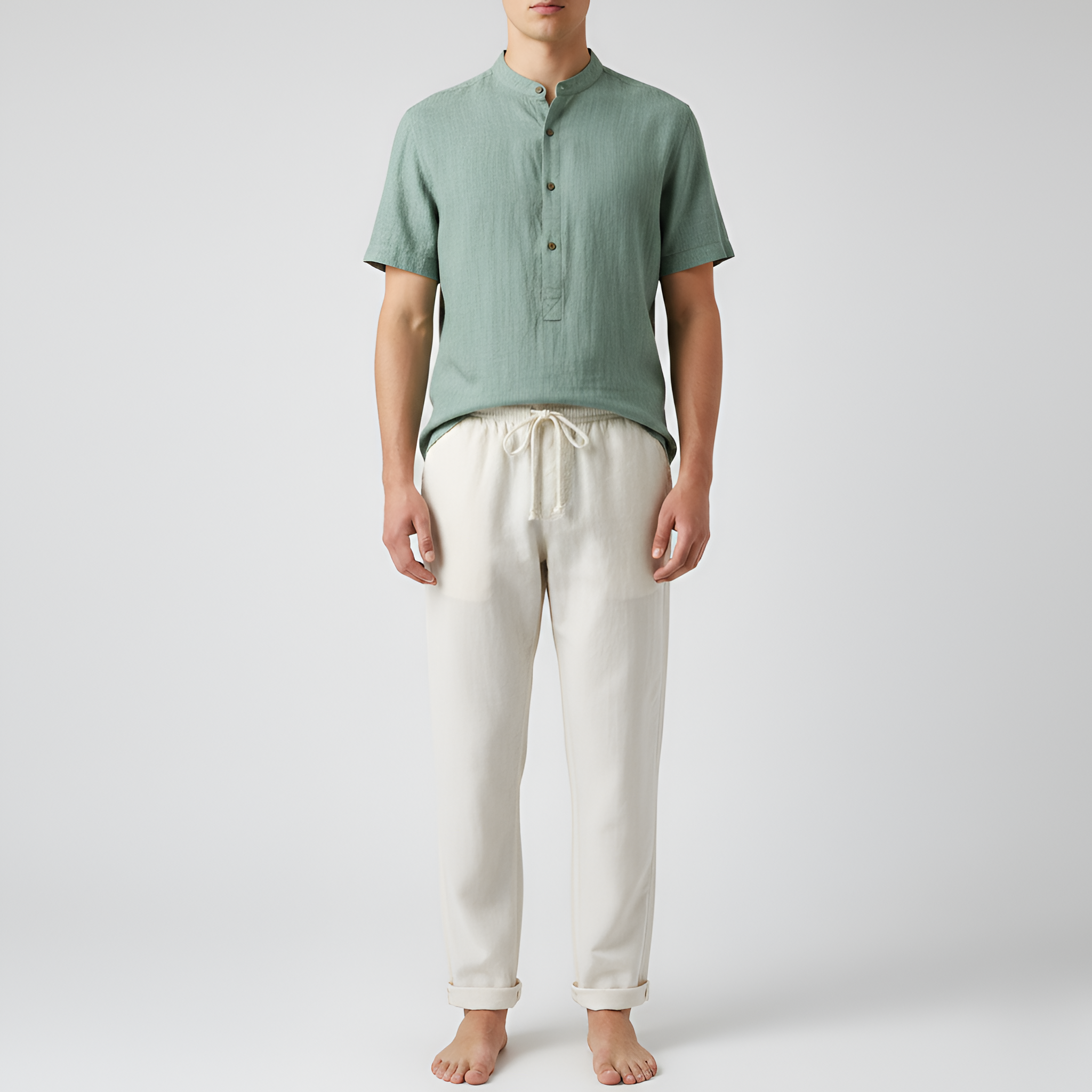 Camisa de lino para hombre con cuello mandarín y mangas cortas en calidad transpirable