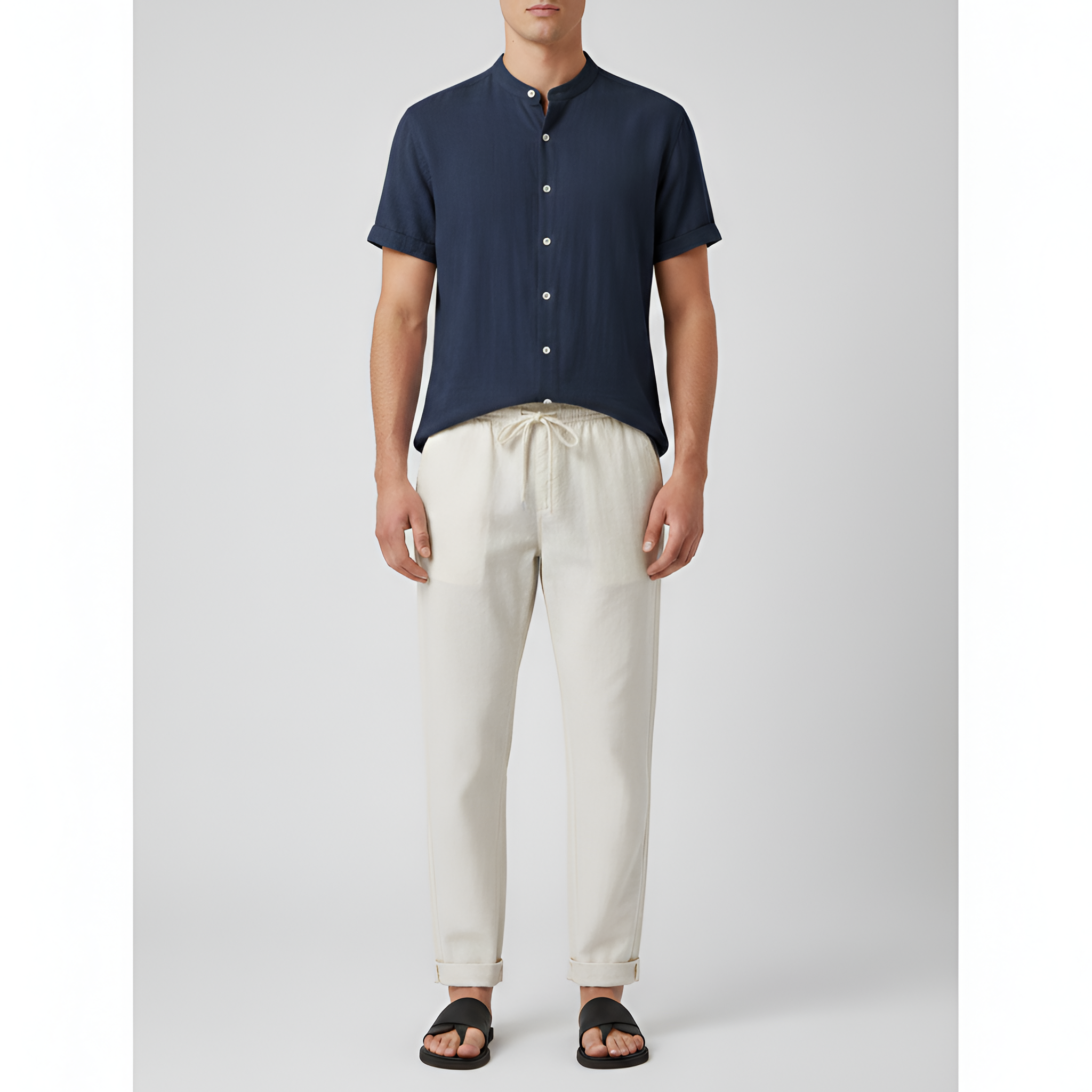 Camisa de hombre de manga corta con cuello mandarín – camisa ligera de verano con botones