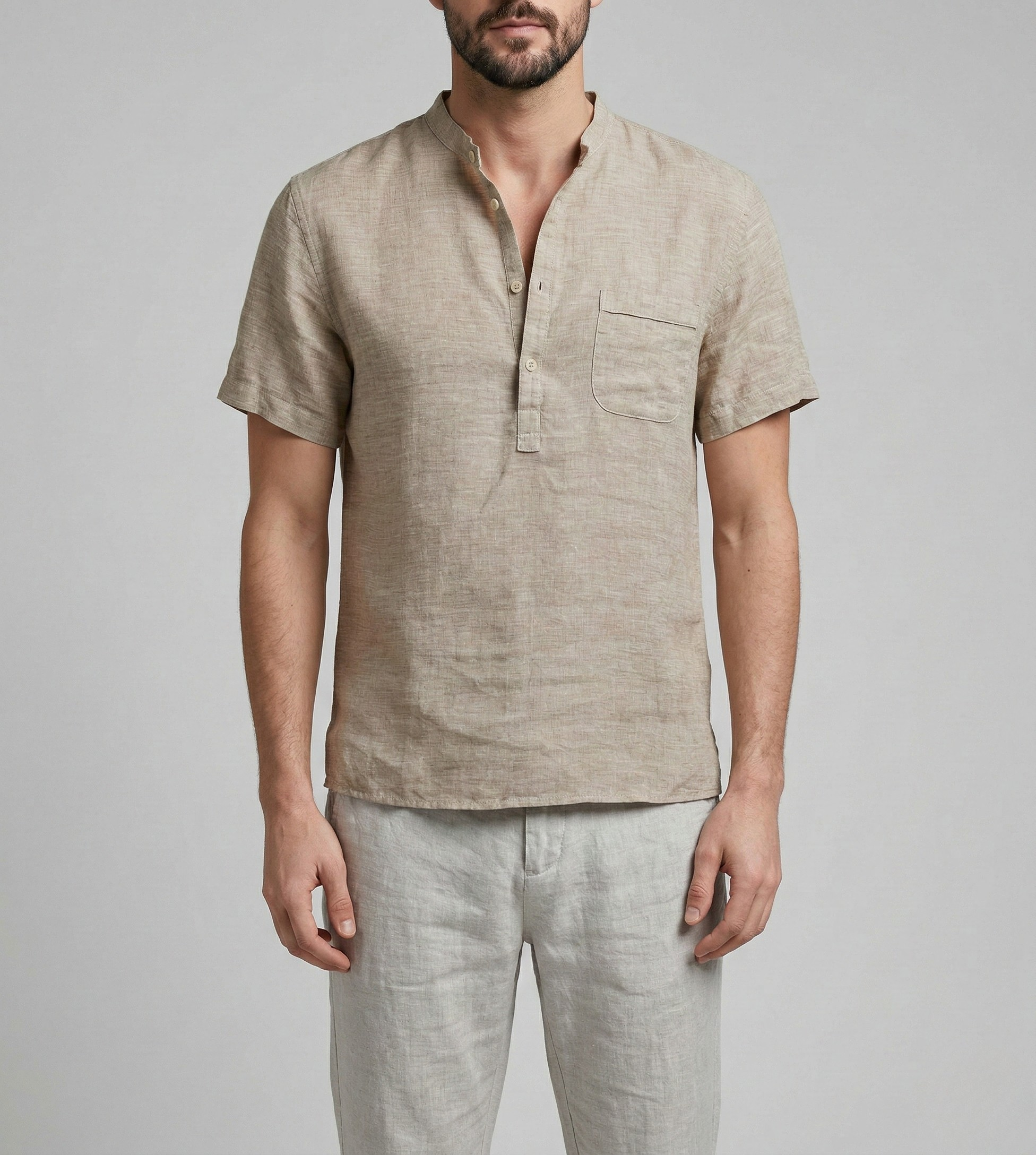 Koszula męska z krótkim rękawem z bawełny i lnu z zapięciem na guziki, krój casual