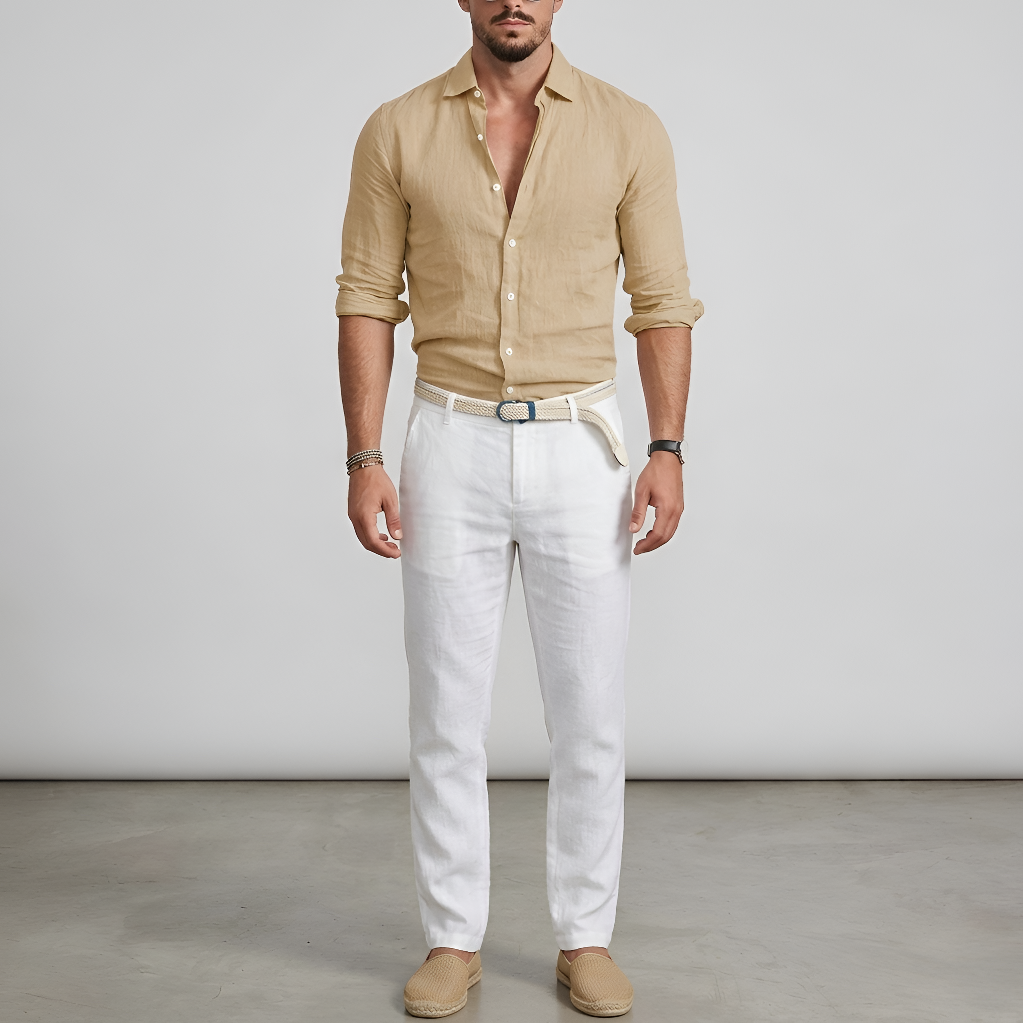 Camicia da uomo a maniche lunghe in lino con colletto e chiusura a bottoni