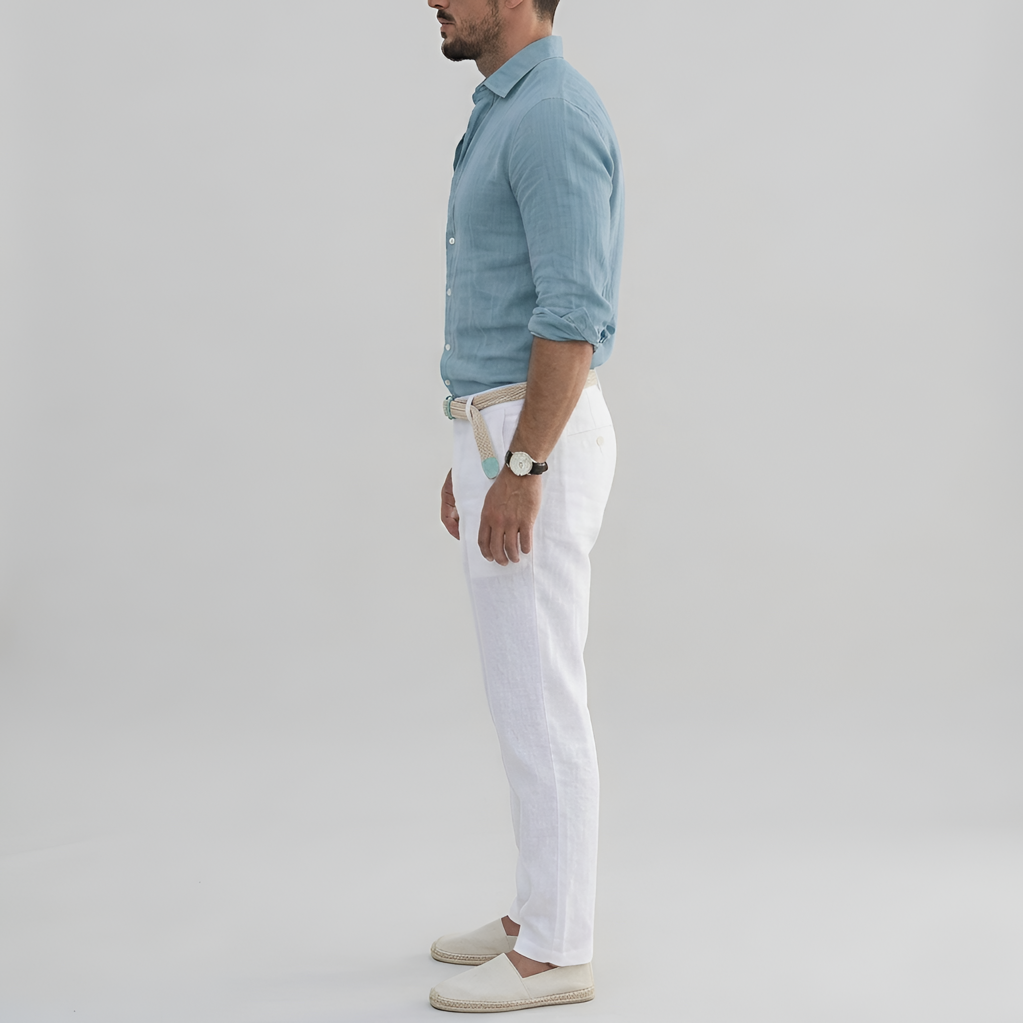 Camicia da uomo a maniche lunghe in lino con colletto e chiusura a bottoni