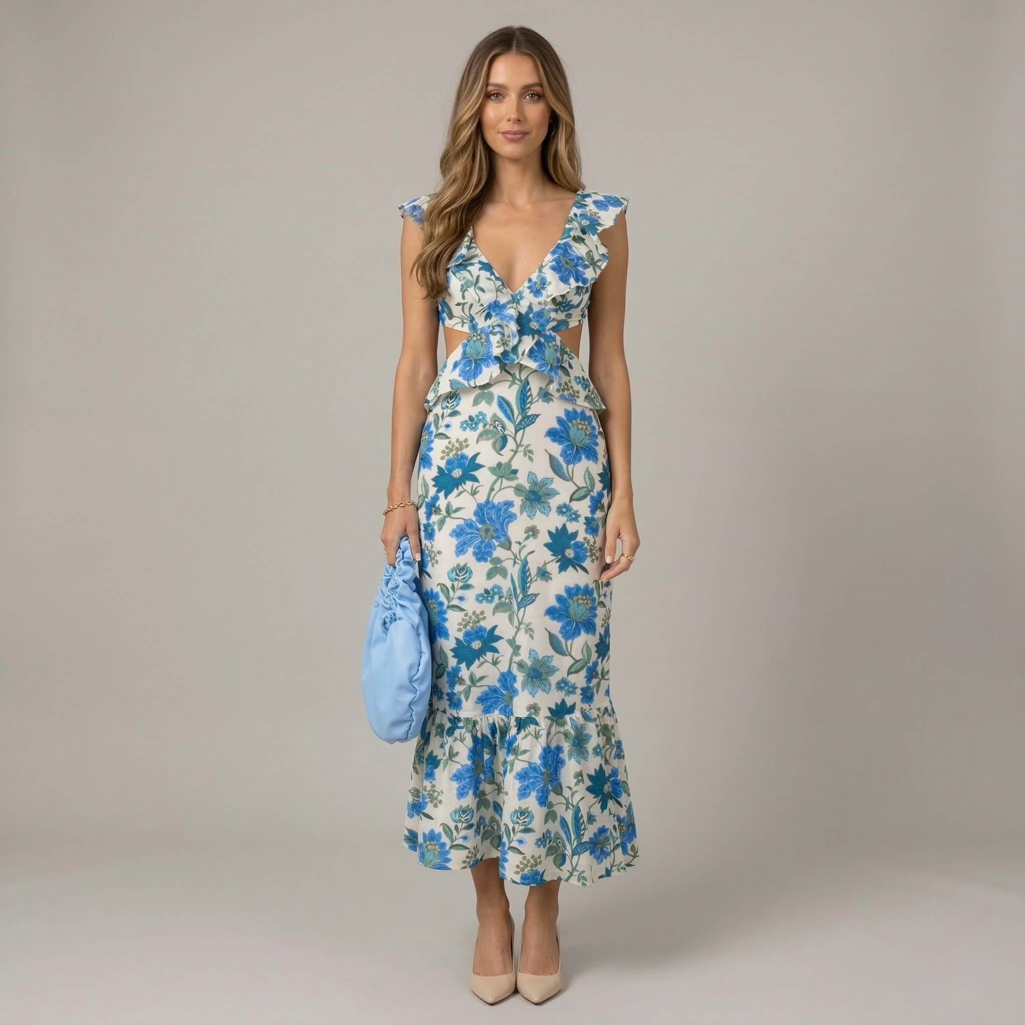 Vestido Maxi Dame Estampado Vestido de Verão com Decote em V e Folhos Vestido Longo para Festa