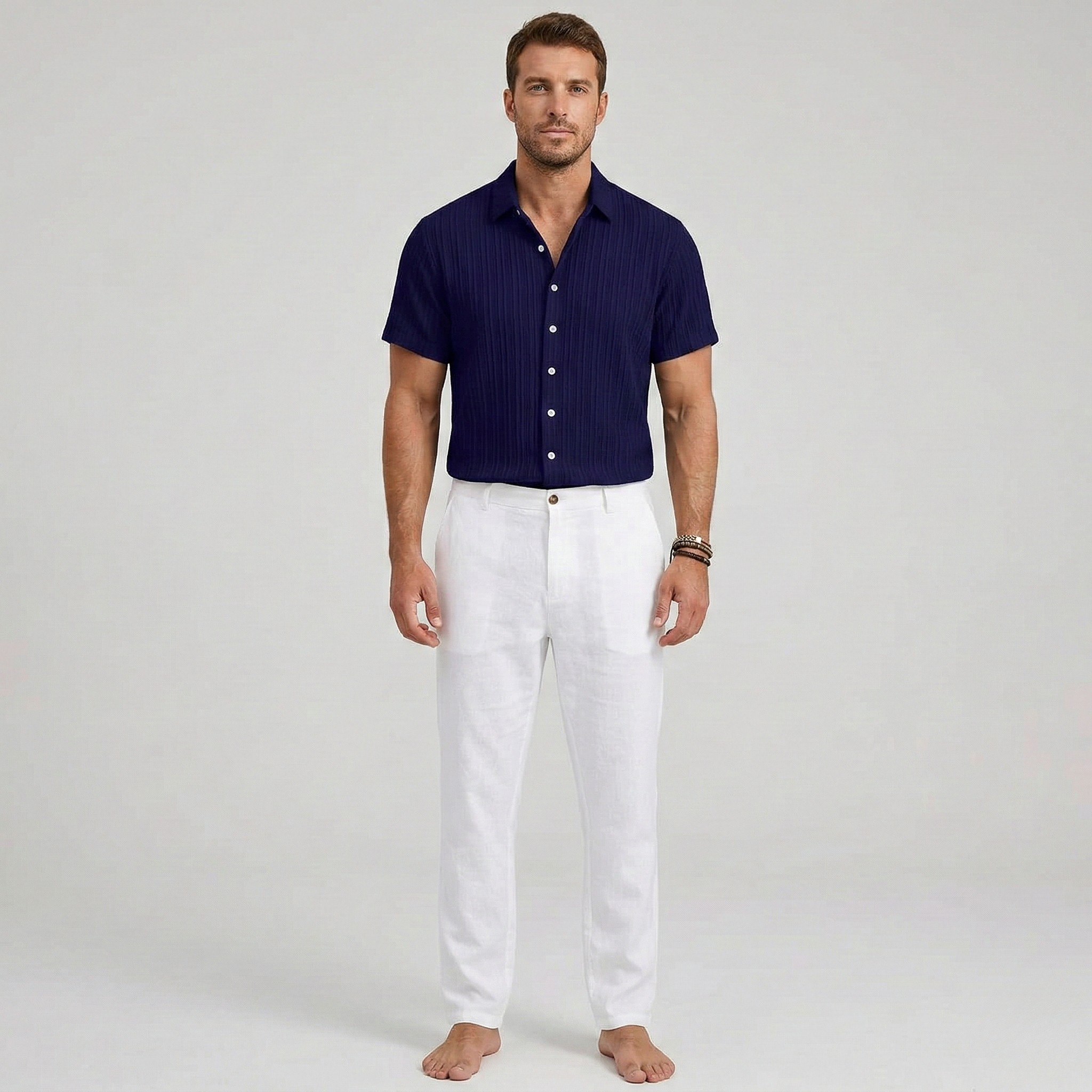 Herre kortærmet skjorte i hørblanding – Sommer skjorte med knapper