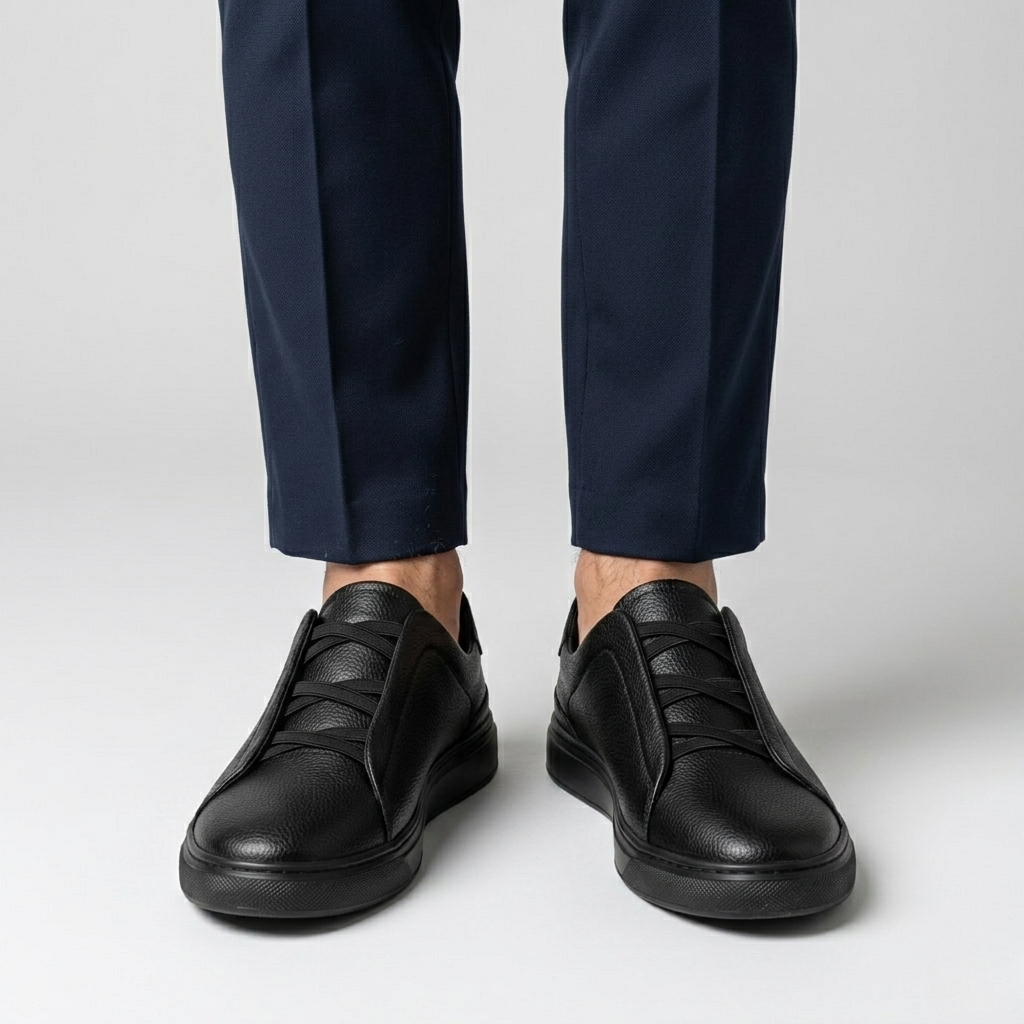 Herre sneakers i læder med elastisk snøre og komfortabel sål