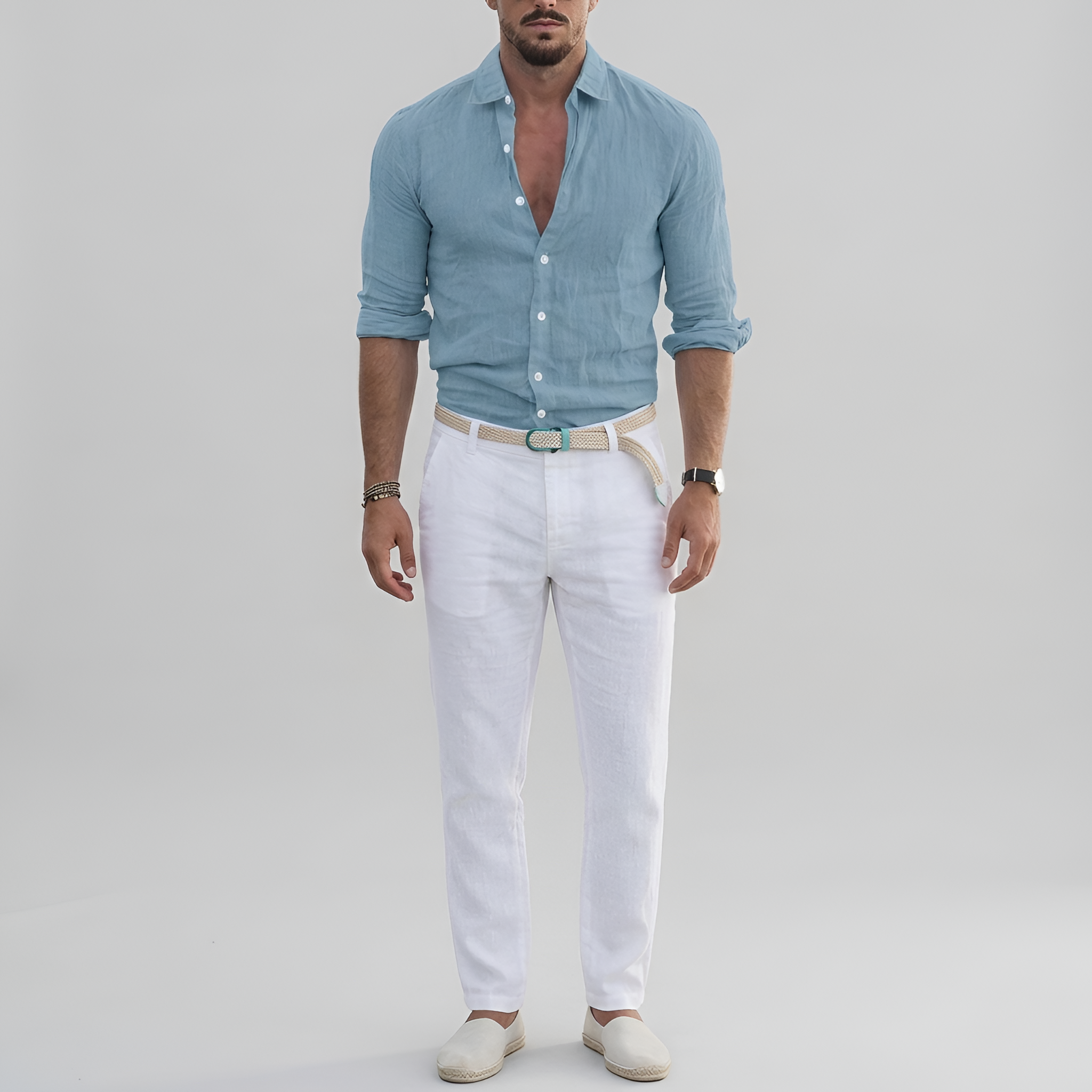 Herre langærmet linnedskjorte med krave og knaplukning