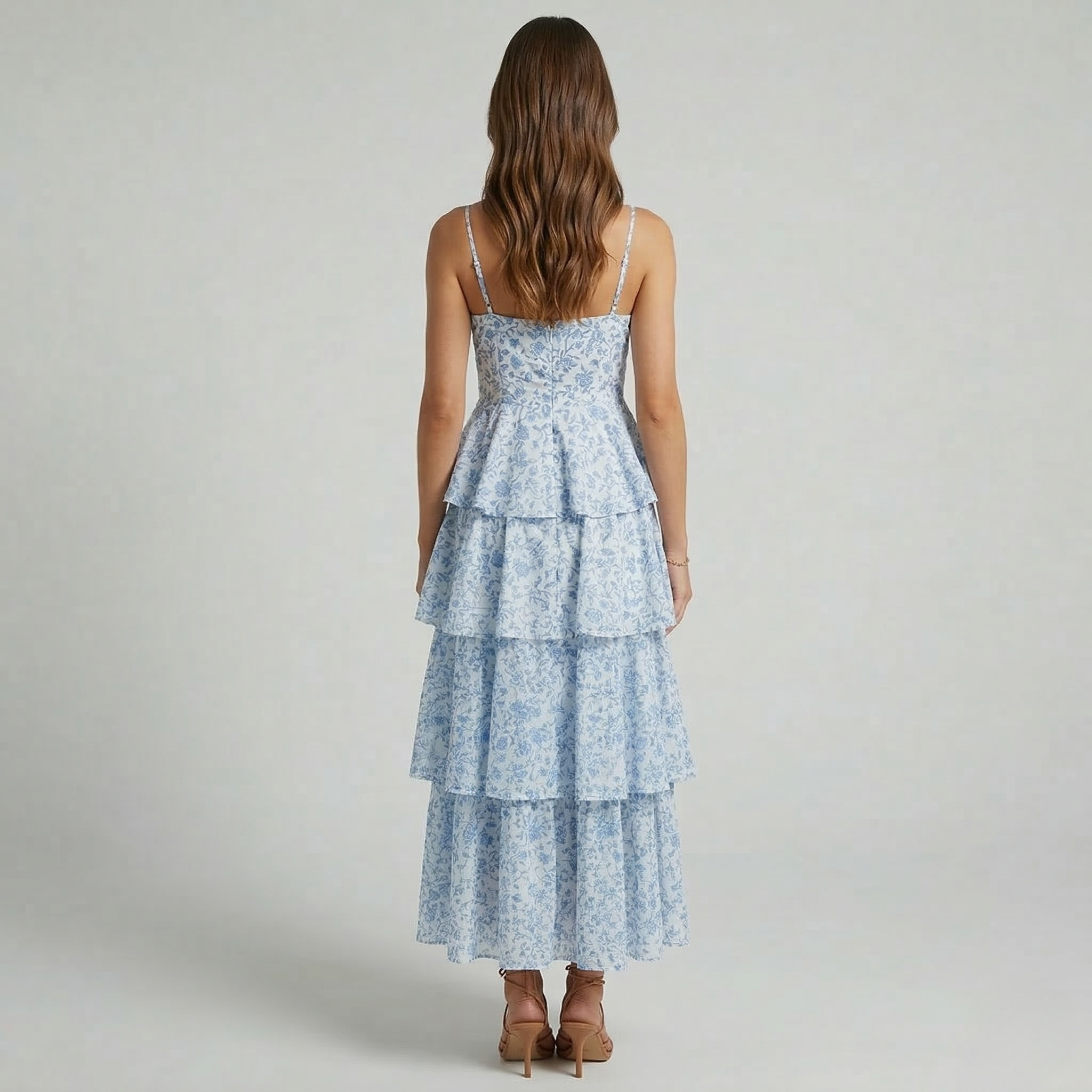 Damska kwiecista sukienka maxi na ramiączkach, letnia sukienka z warstwową spódnicą i falbanami