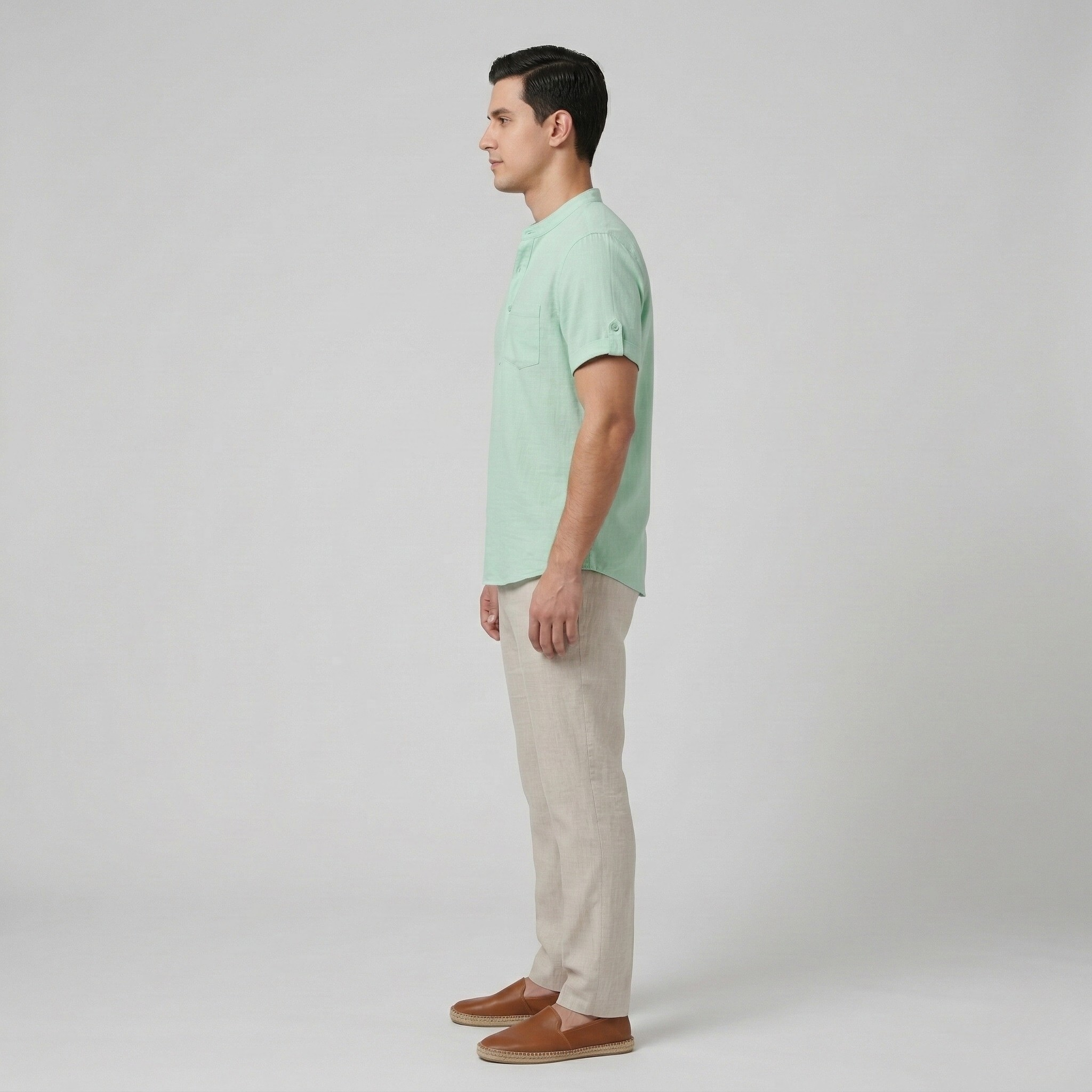 Camicia Henley da Uomo in Cotone e Lino Manica Corta Traspirante Casual con Tasca Top da Spiaggia