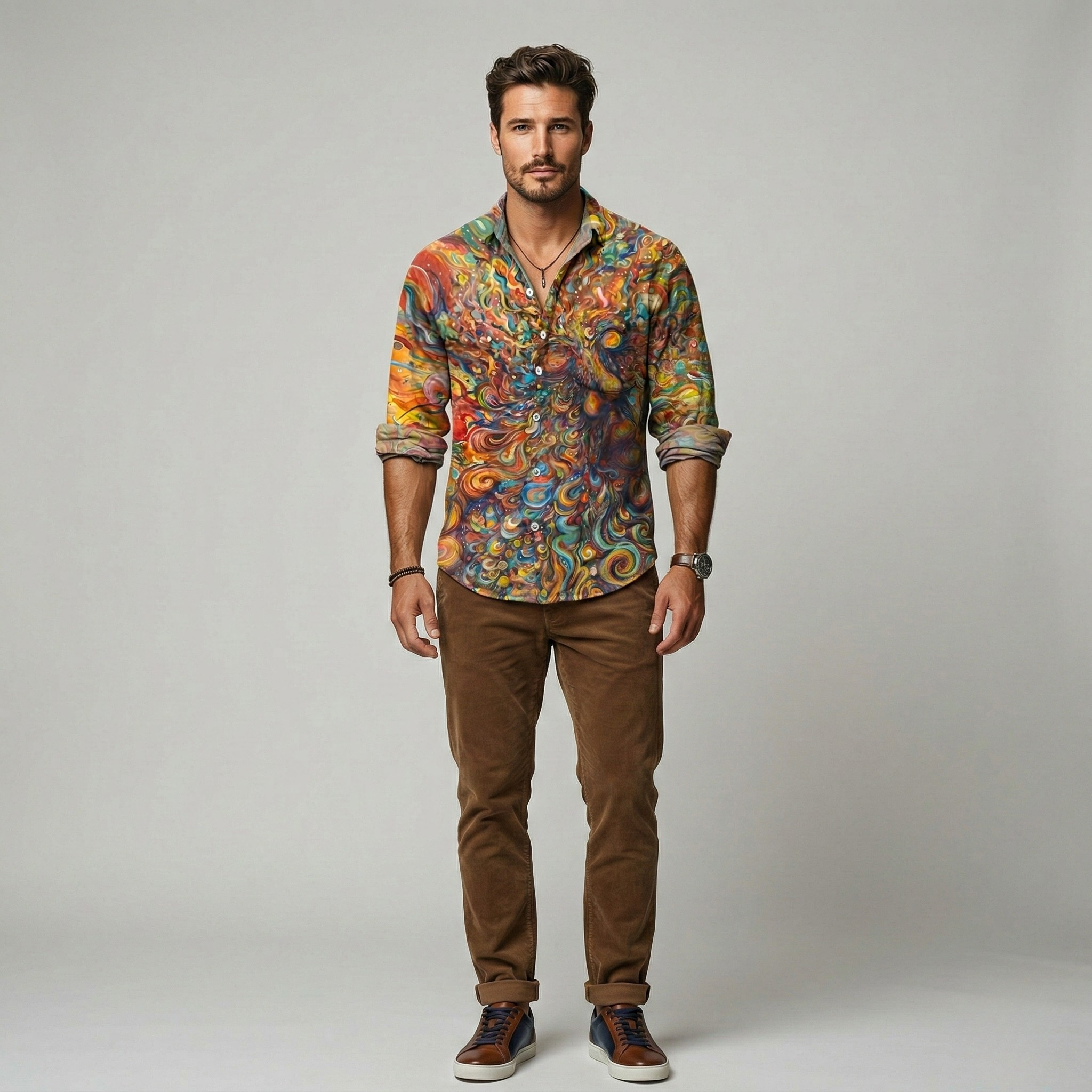 Herre mønstret skjorte med lange ærmer – Casual skjorte med knapper