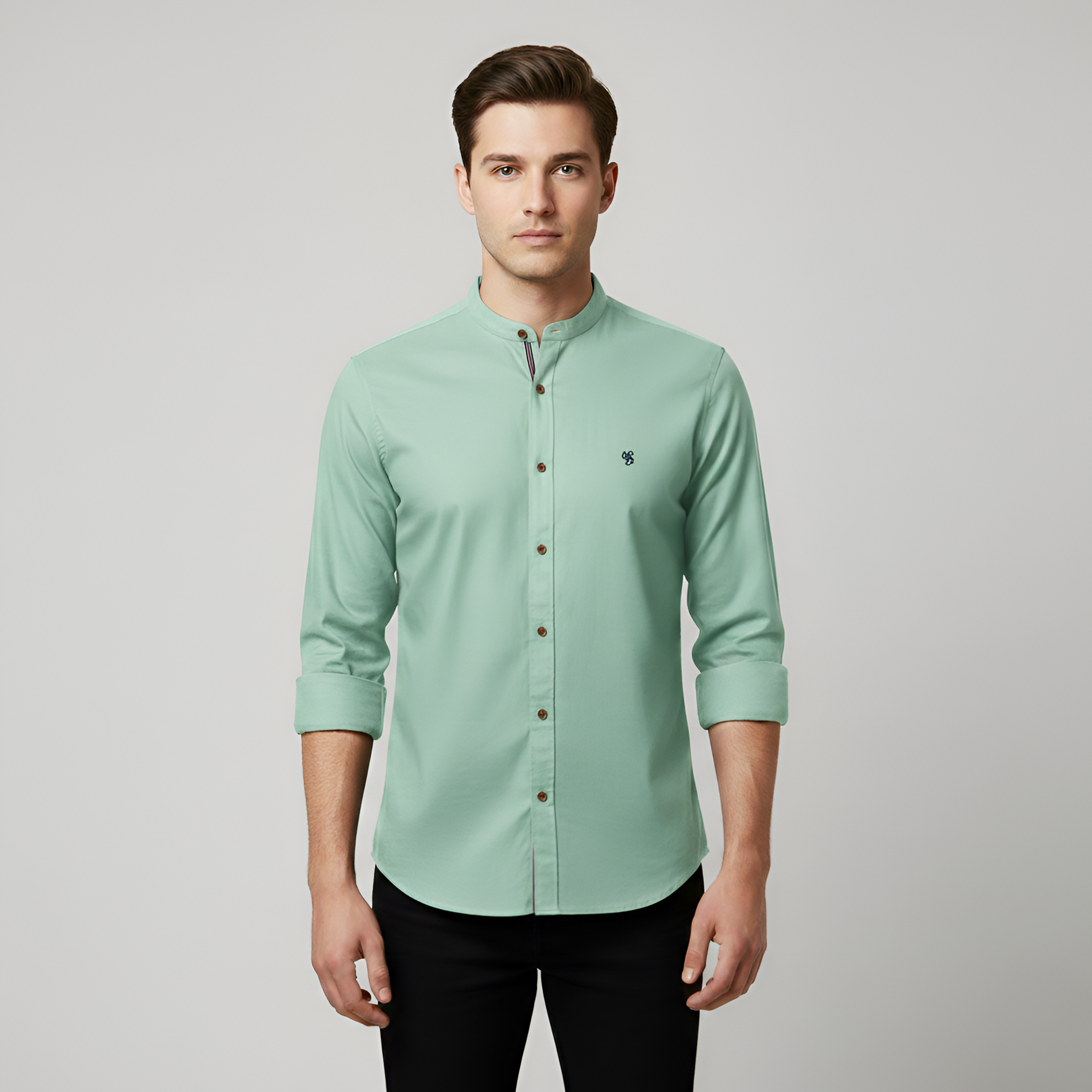 Camisa para homem Bellivaro em algodão com gola mandarim e mangas compridas