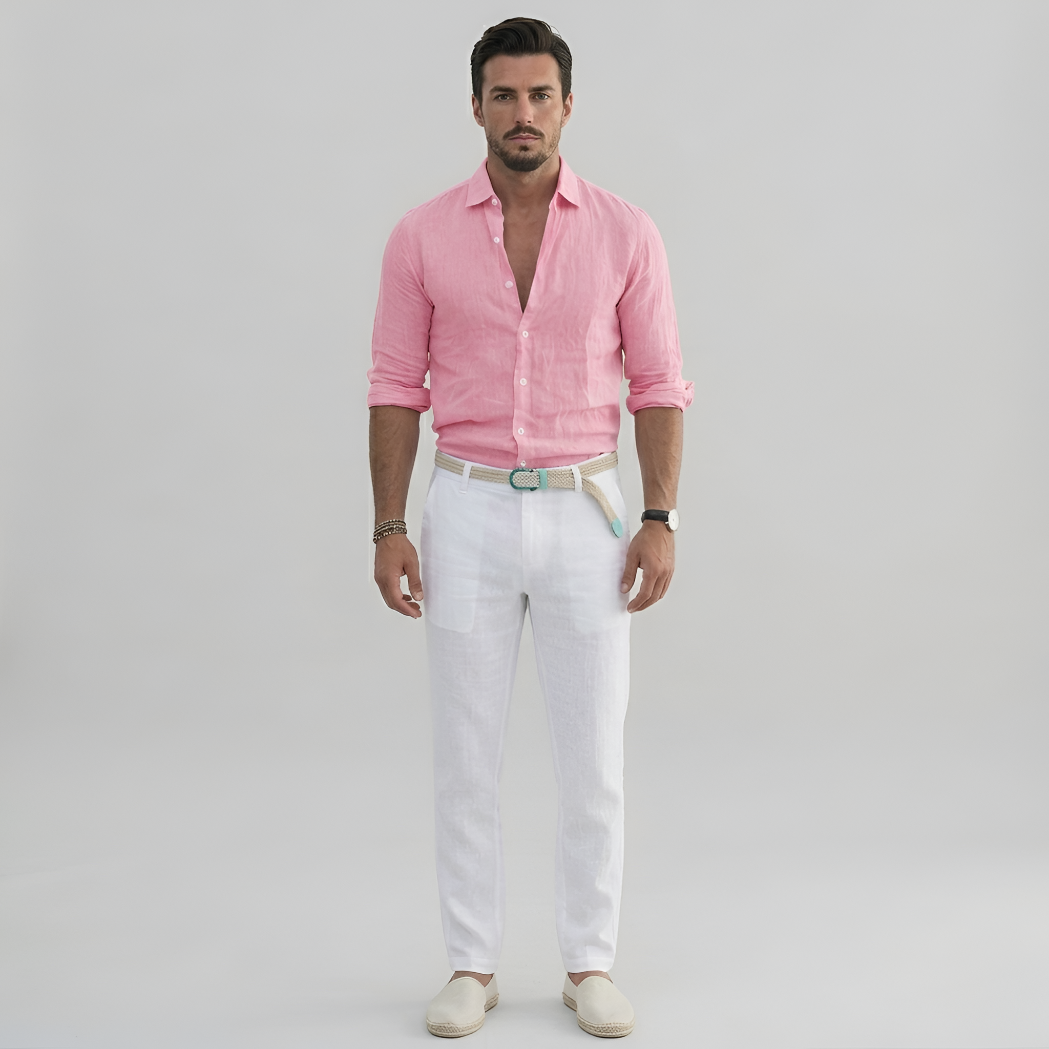 Camicia da uomo a maniche lunghe in lino con colletto e chiusura a bottoni