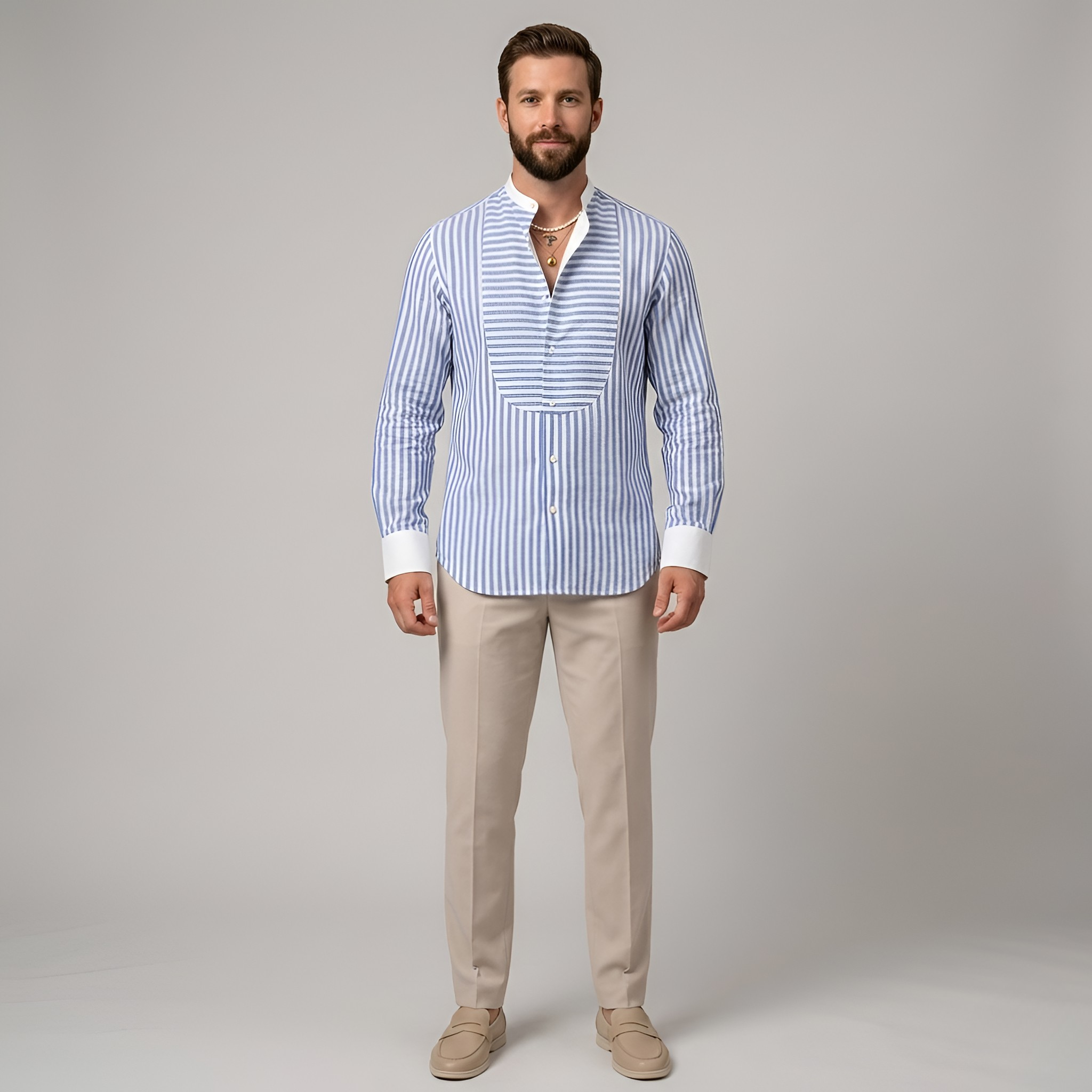 Camisa de rayas con cuello mao, camisa de manga larga para hombre, ajuste relajado