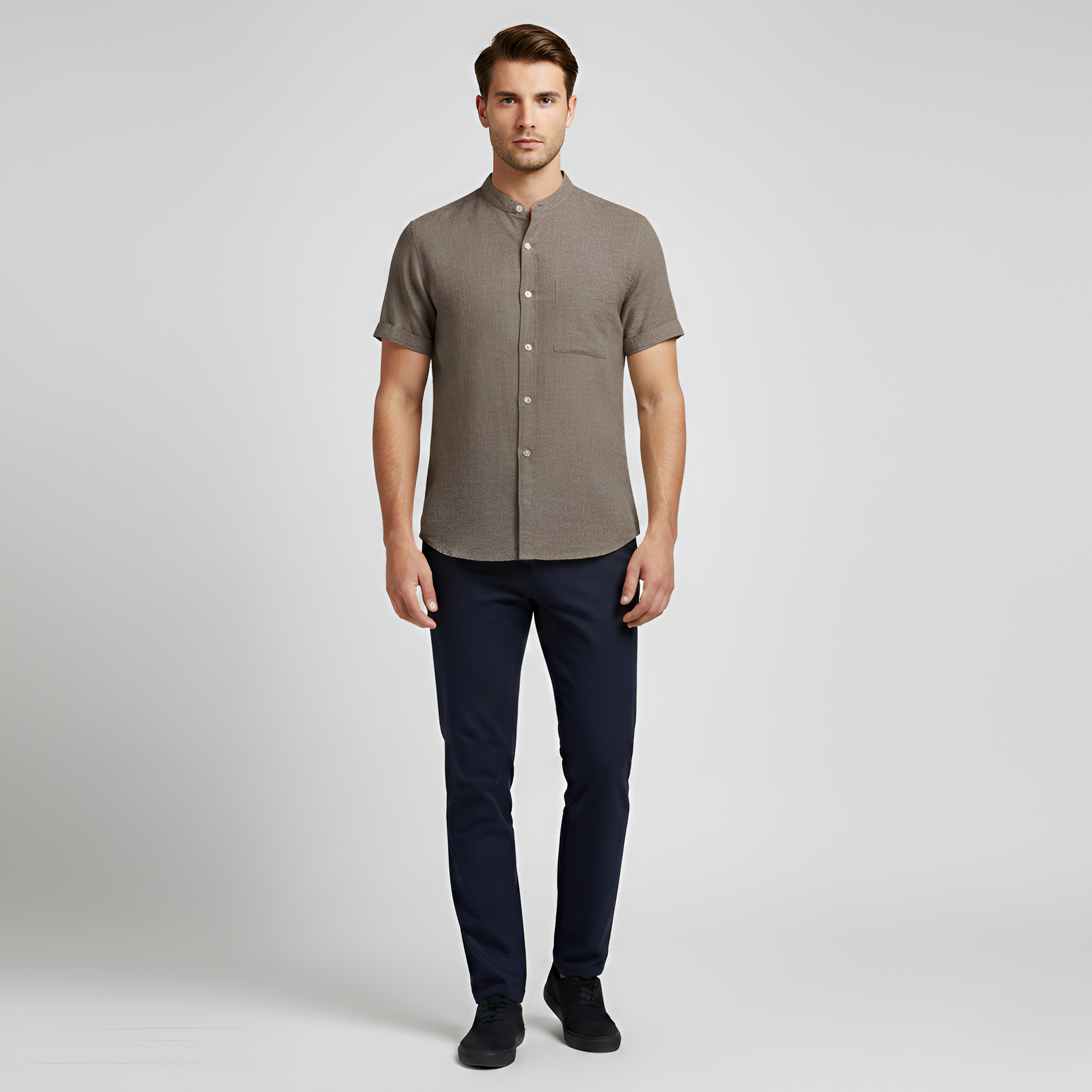 Camisa de lino para hombre de manga corta con botones y bolsillo en el pecho