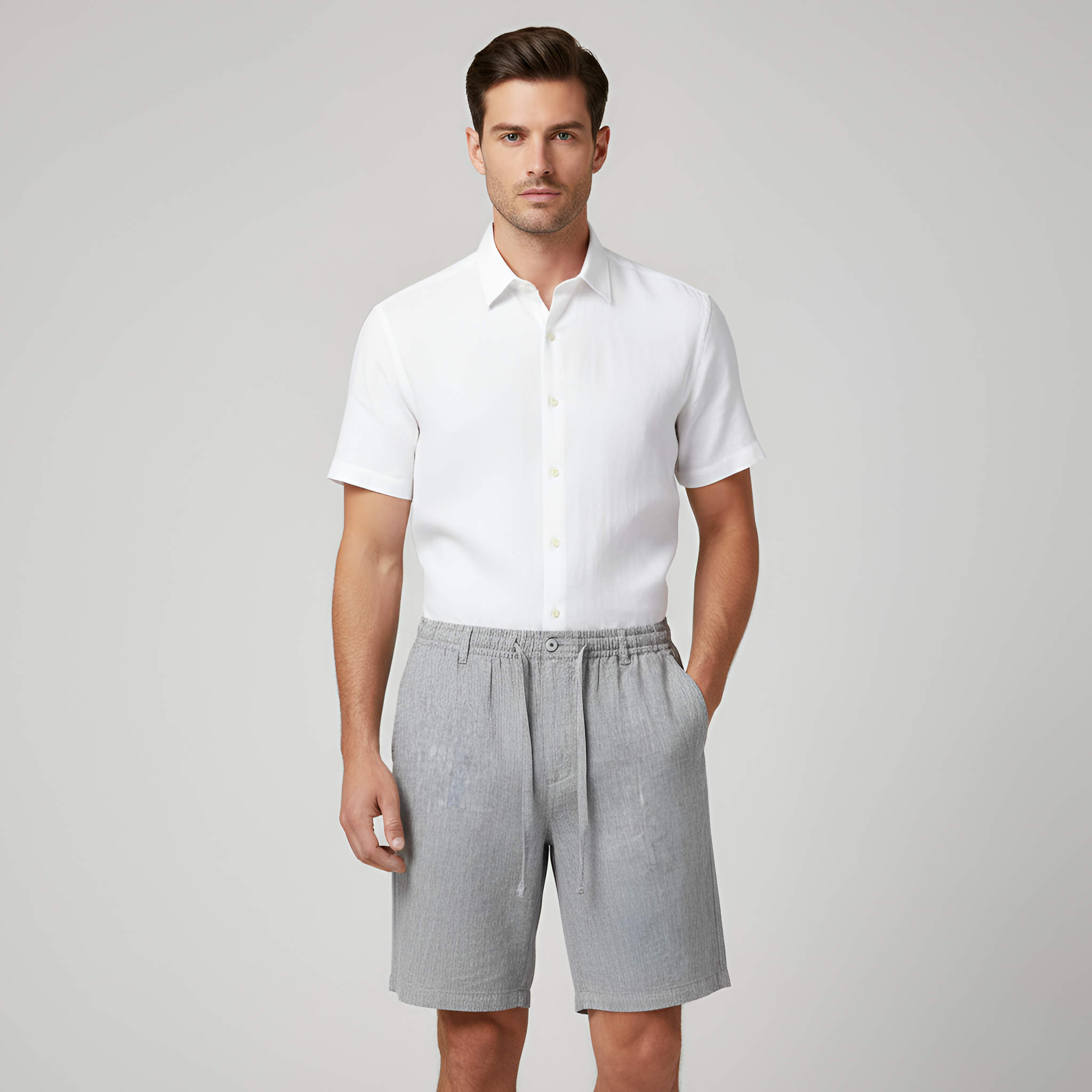 Pantalones cortos de lino para hombre para el verano con cintura elástica y bolsillos