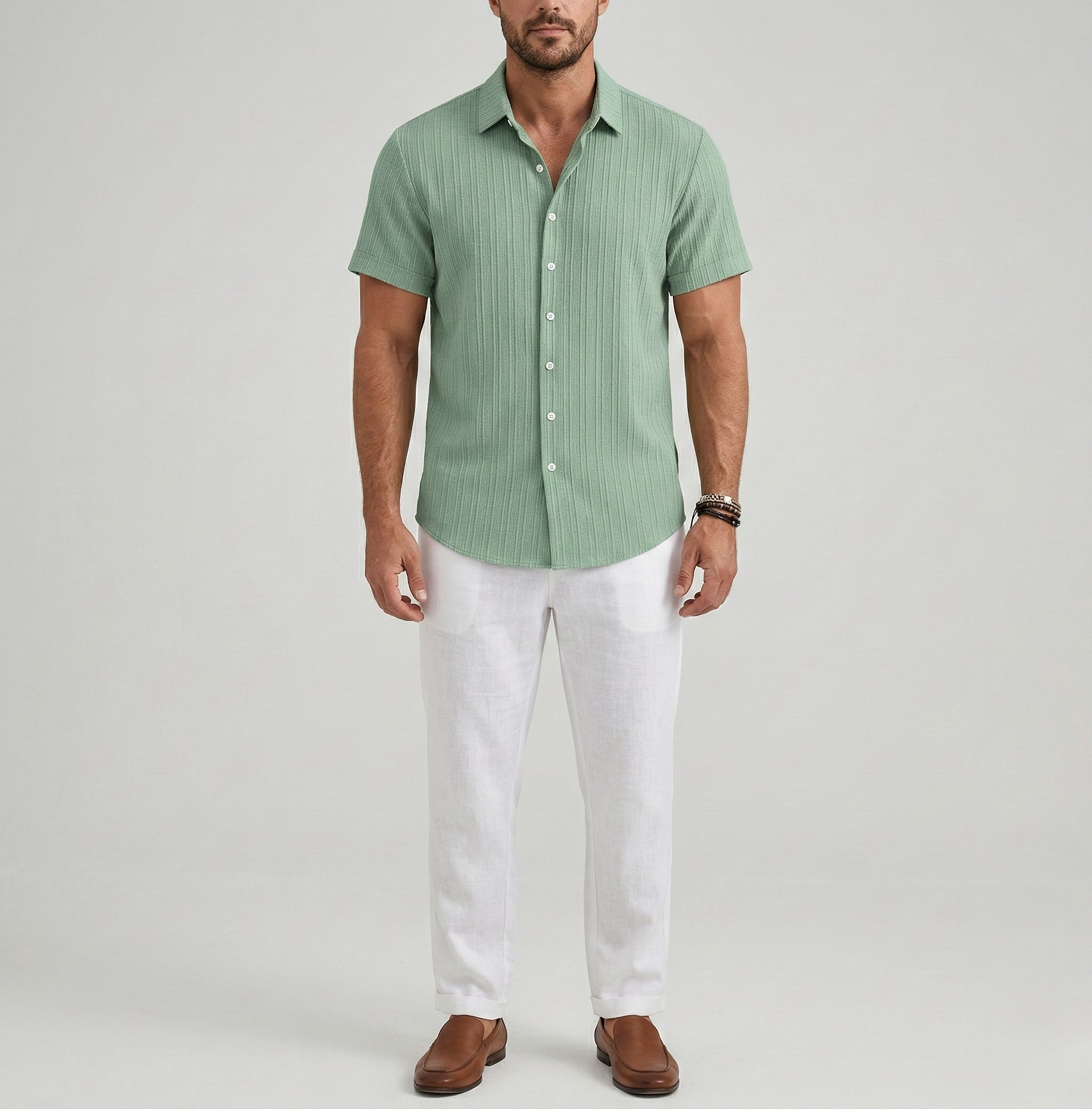 Herre kortærmet skjorte i hørblanding – Sommer skjorte med knapper