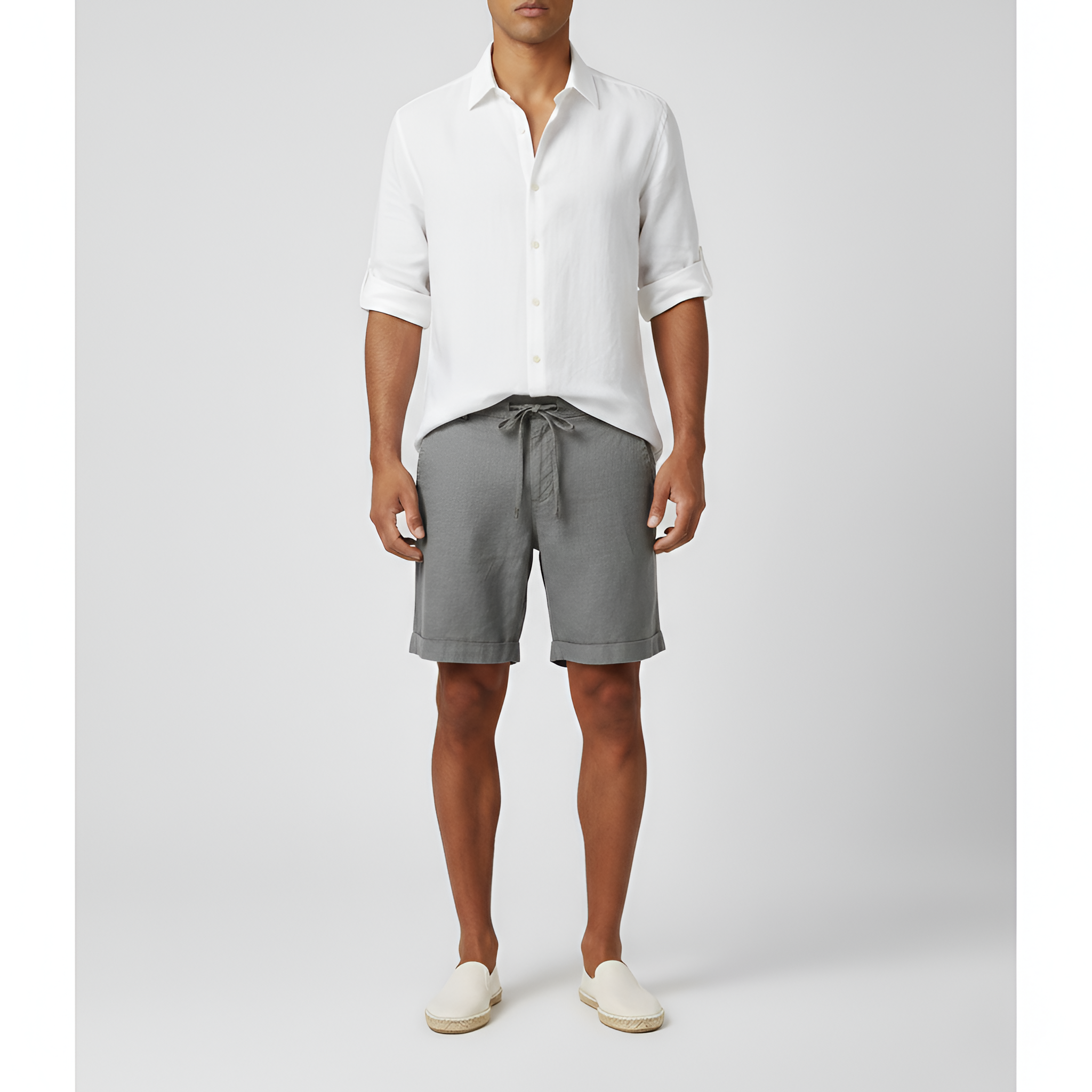 Pantalones cortos de hombre de algodón con cintura elástica y cordón, además de bolsillos laterales