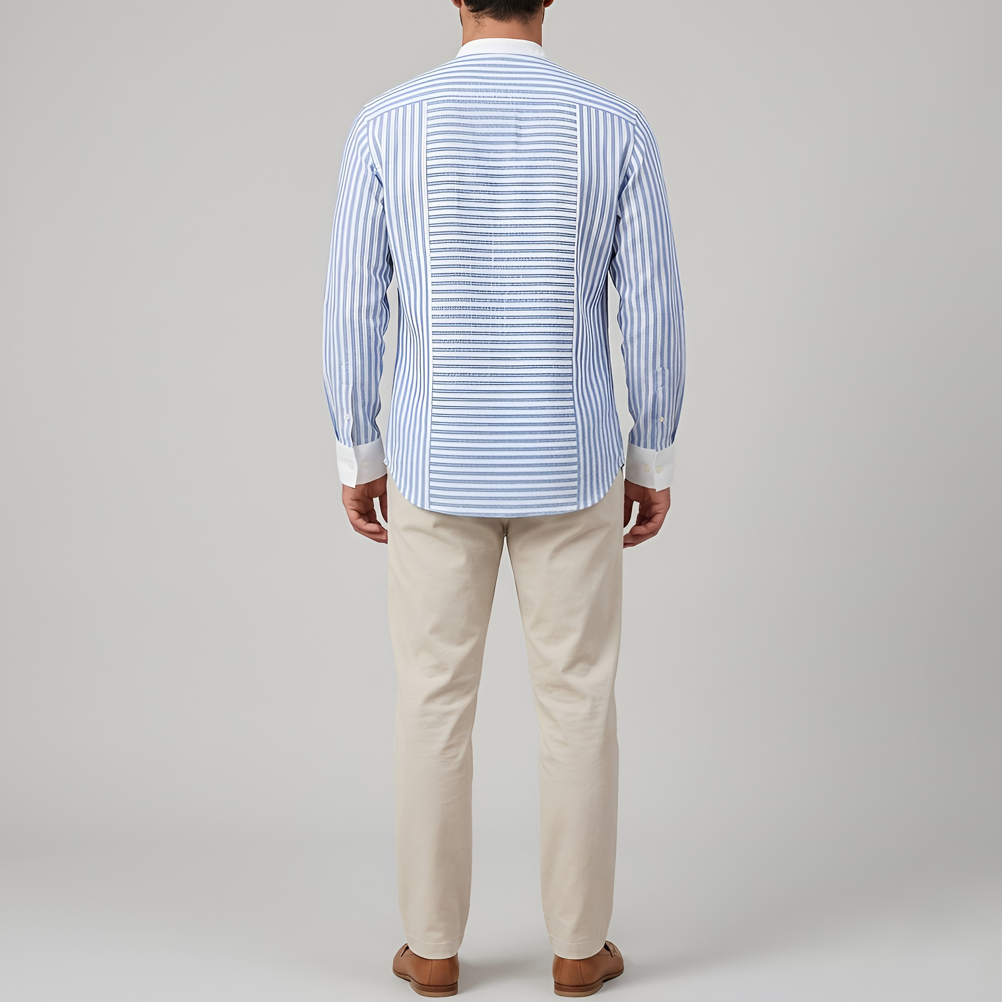 Koszula męska w paski z kołnierzem typu stójka, koszula z długim rękawem, luźny krój