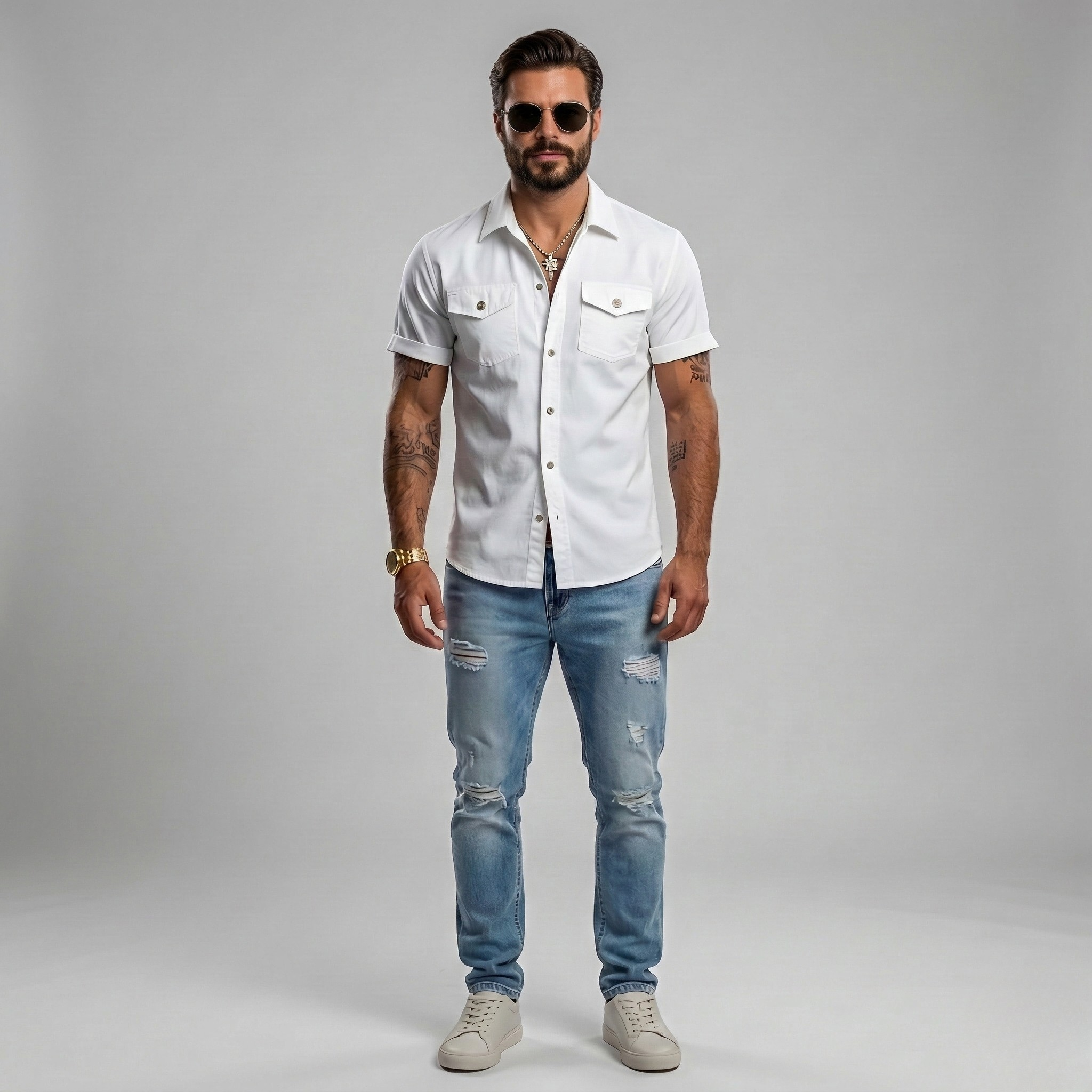 Camisa de hombre de manga corta en algodón con bolsillos en el pecho y cierre de botones, ajuste relajado