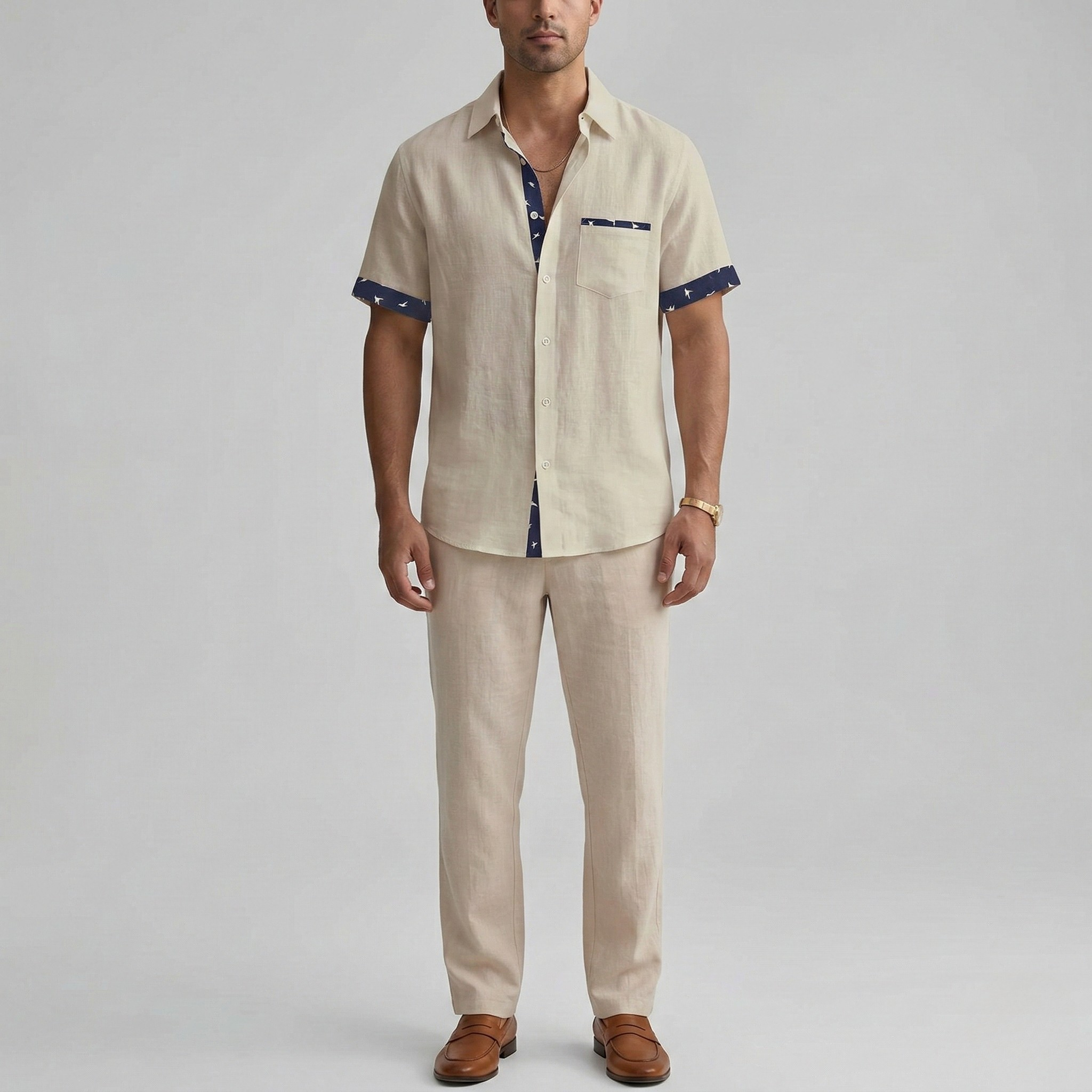 Herreskjorte kortærmet med knaplukning og brystlomme casual fit