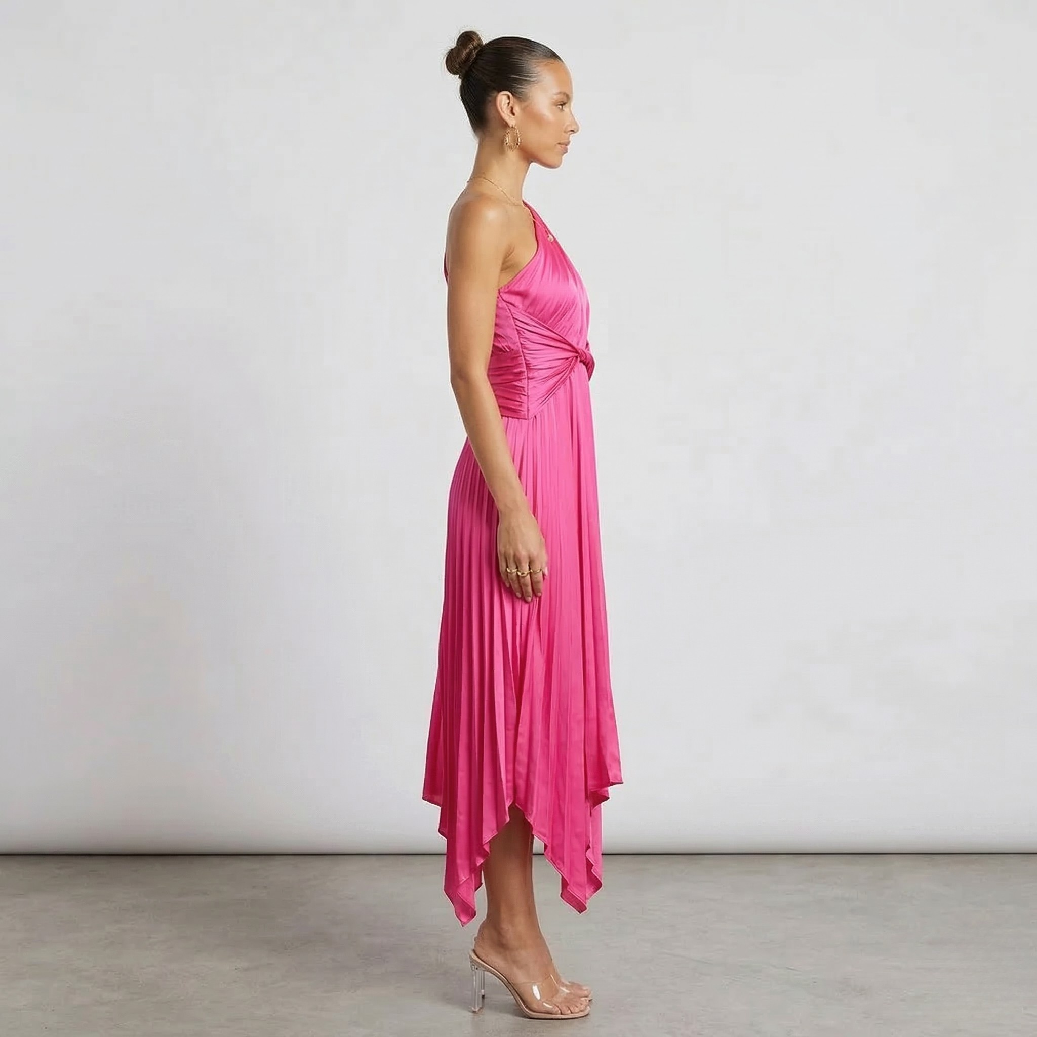 Sukienka damska midi na jedno ramię z plisowanym dołem, asymetryczna sukienka wieczorowa na imprezę