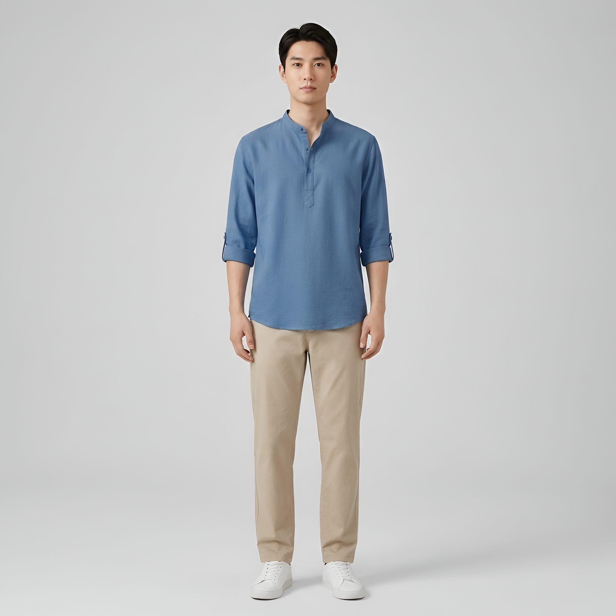 Koszula męska bawełniana z kołnierzem typu stójka i długimi rękawami, koszula casual