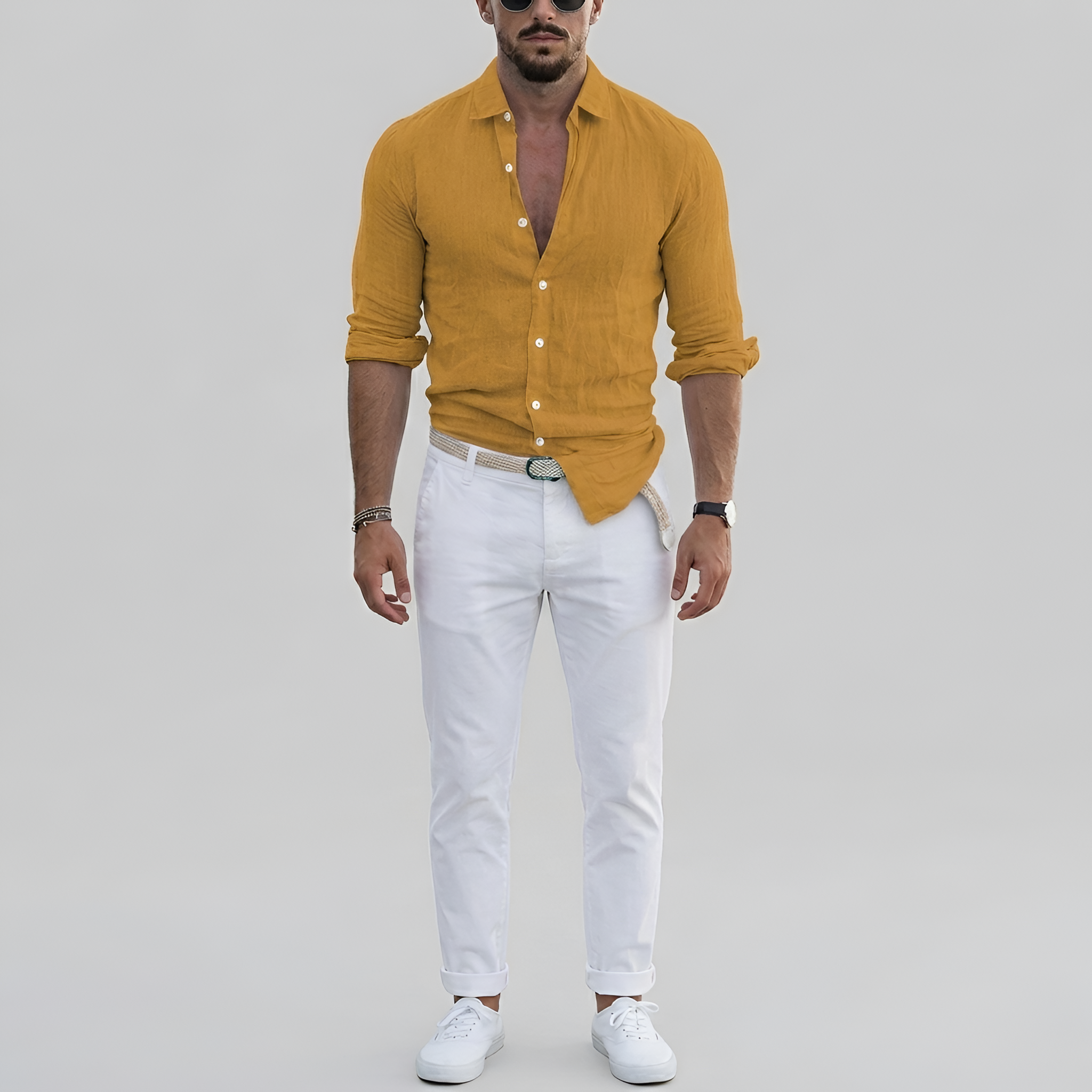 Camicia da uomo a maniche lunghe in lino con colletto e chiusura a bottoni