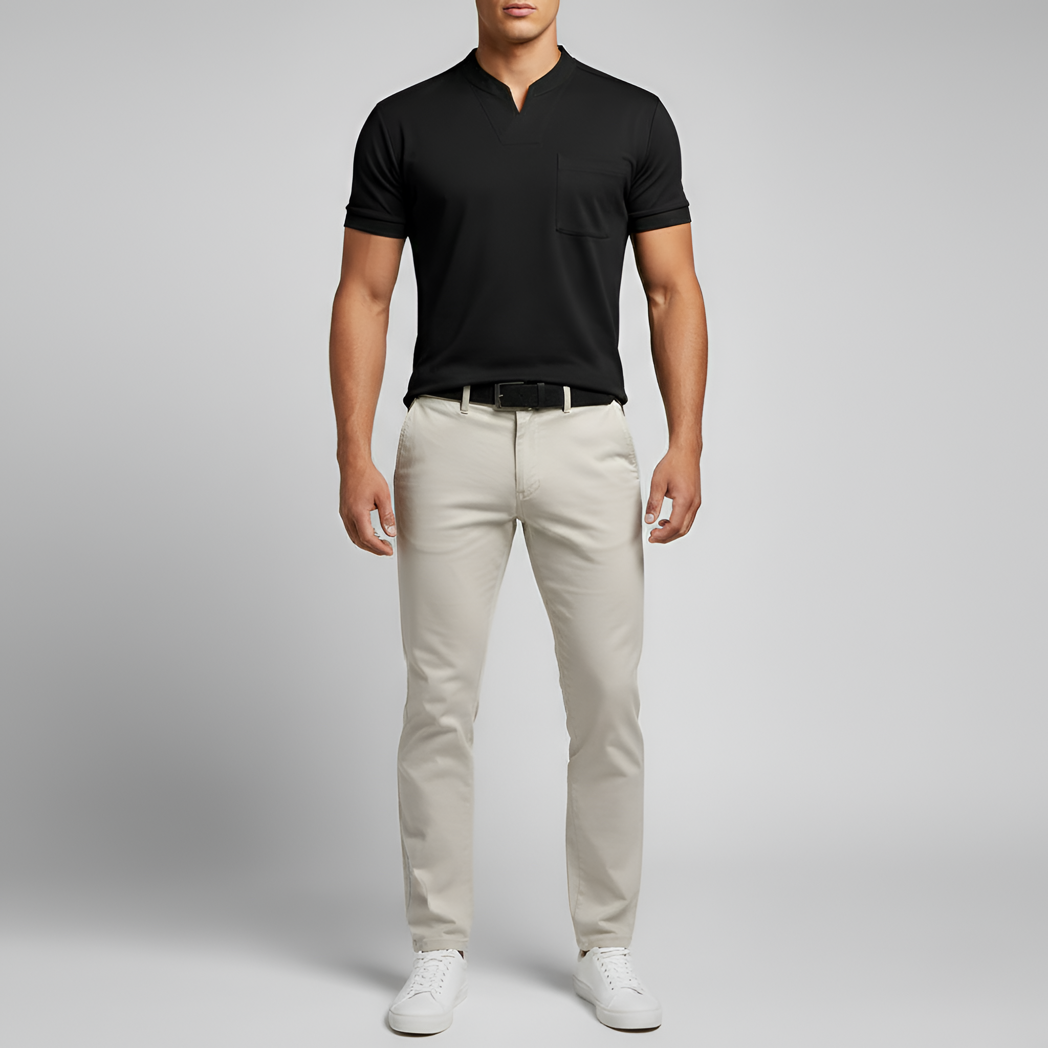 Herre T-shirt i bomuld med V-hals og brystlomme