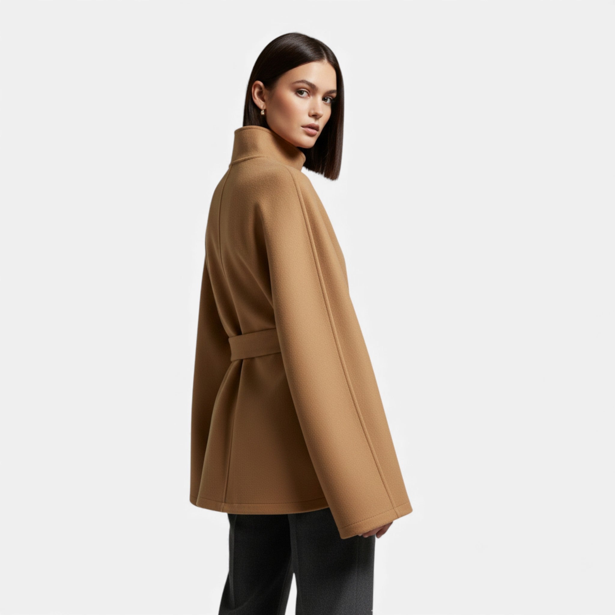 Damen Cape-Mantel mit Bindegürtel – Kurzer Schnitt