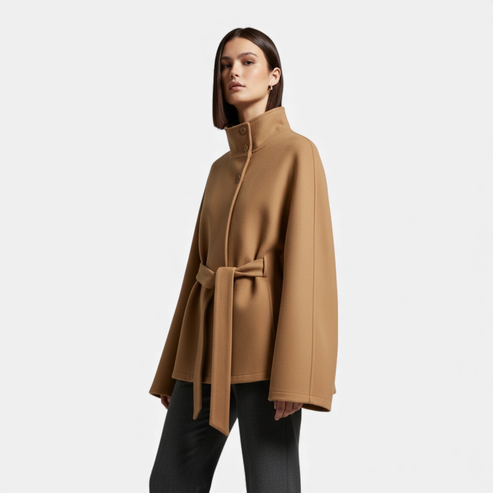 Damen Cape-Mantel mit Bindegürtel – Kurzer Schnitt
