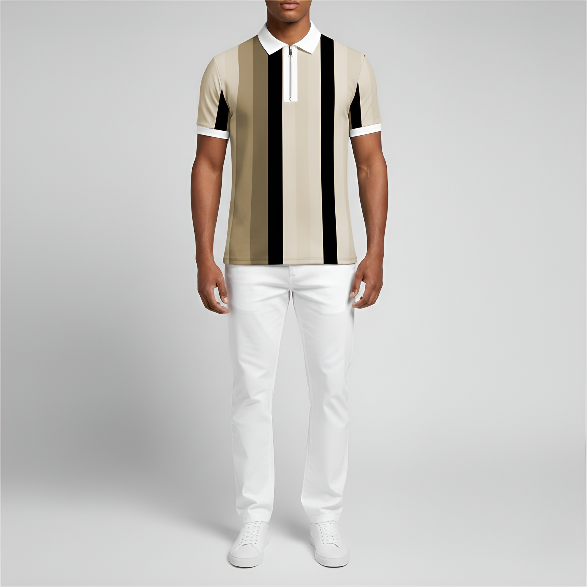 Herre polo t-shirt med lynlås – slim fit kortærmet poloshirt med striber