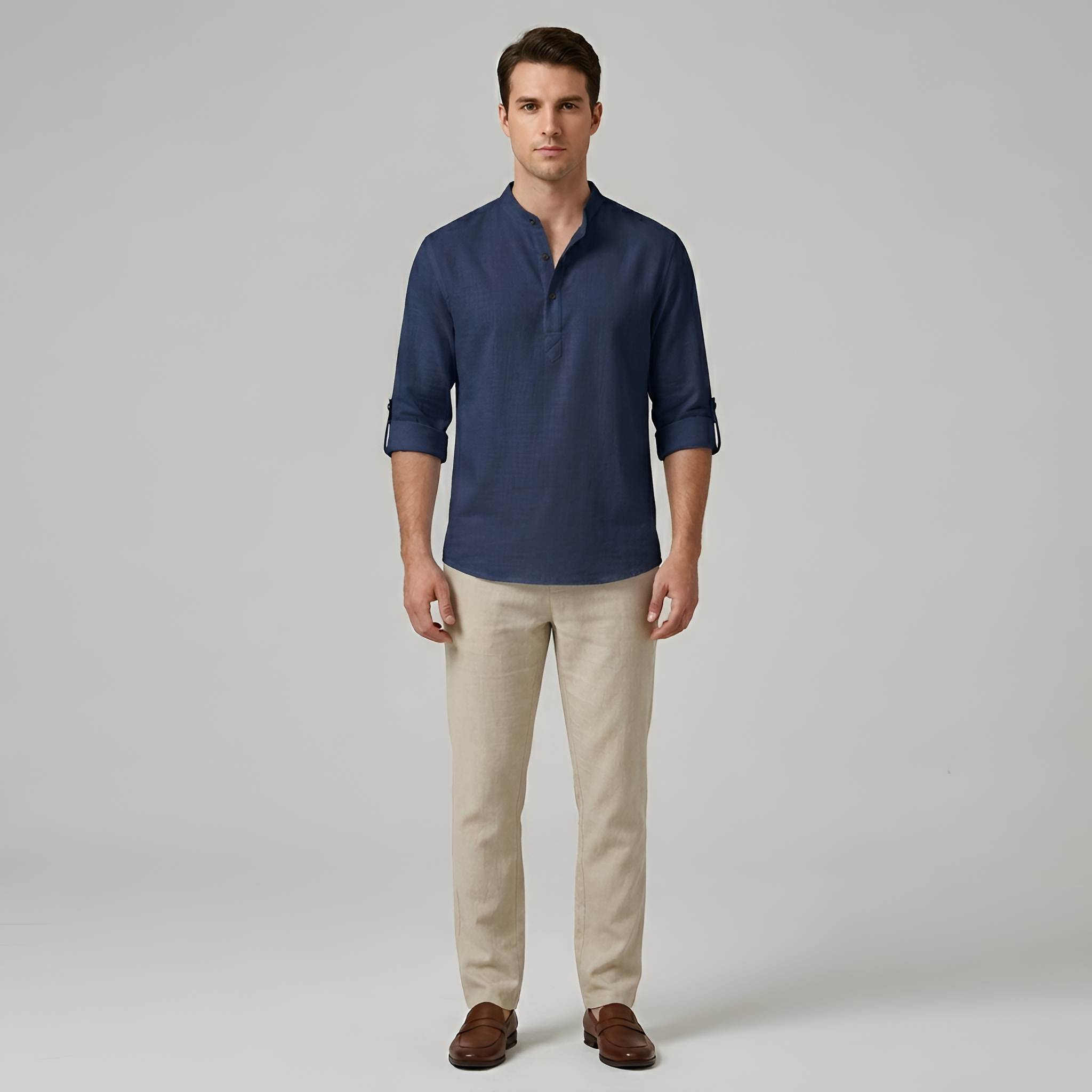 Koszula męska bawełniana z kołnierzem typu stójka i długimi rękawami, koszula casual