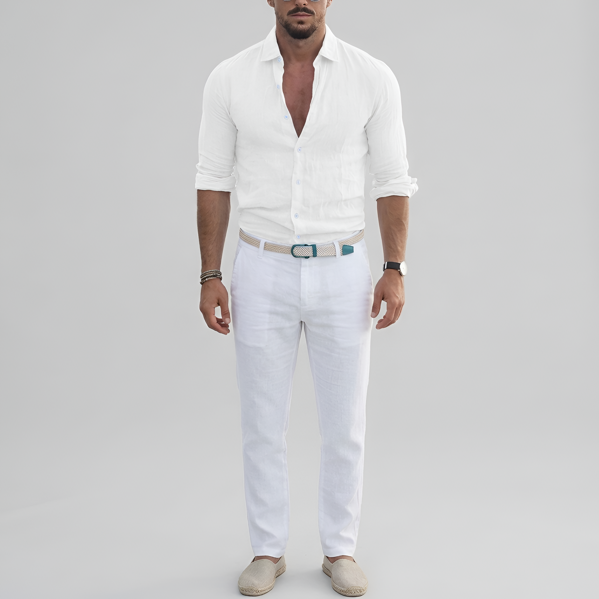 Camicia da uomo a maniche lunghe in lino con colletto e chiusura a bottoni