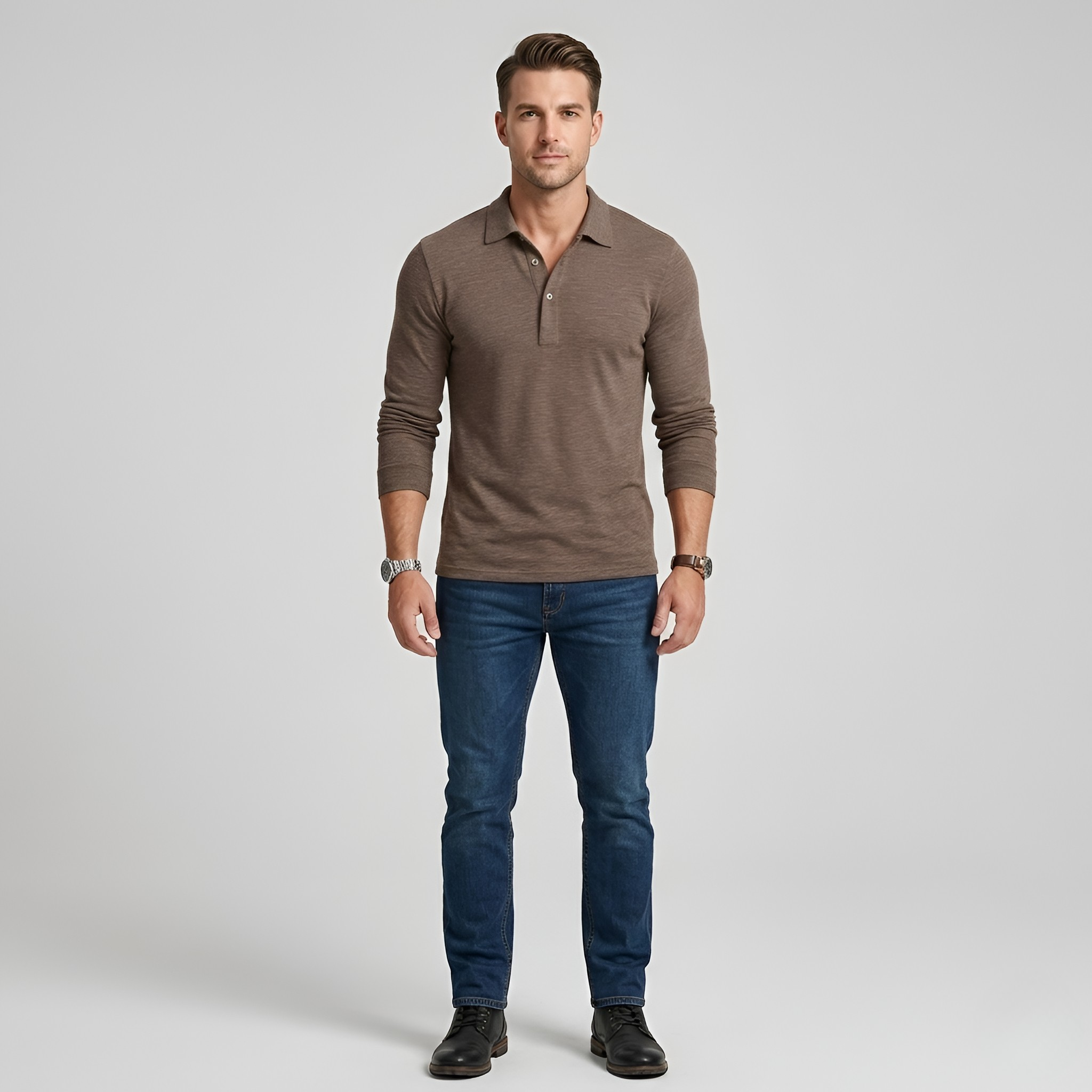 Pánske polo tričko s dlhým rukávom z bavlny s gombíkovým zapínaním, voľný strih polo pre mužov