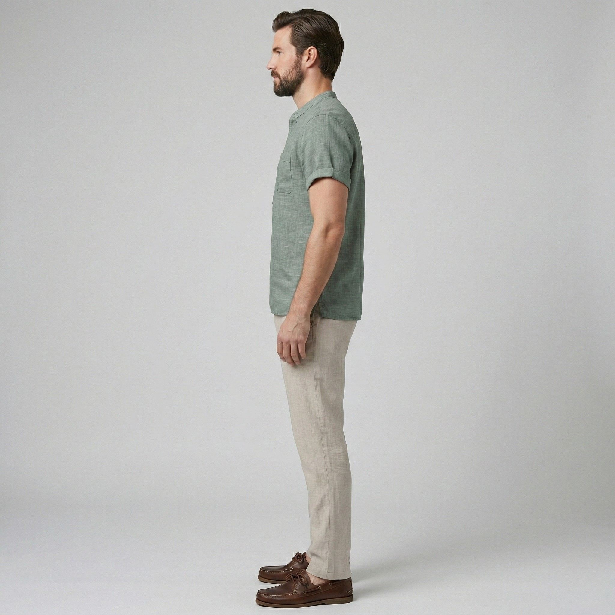 Koszula męska z krótkim rękawem z bawełny i lnu z zapięciem na guziki, krój casual